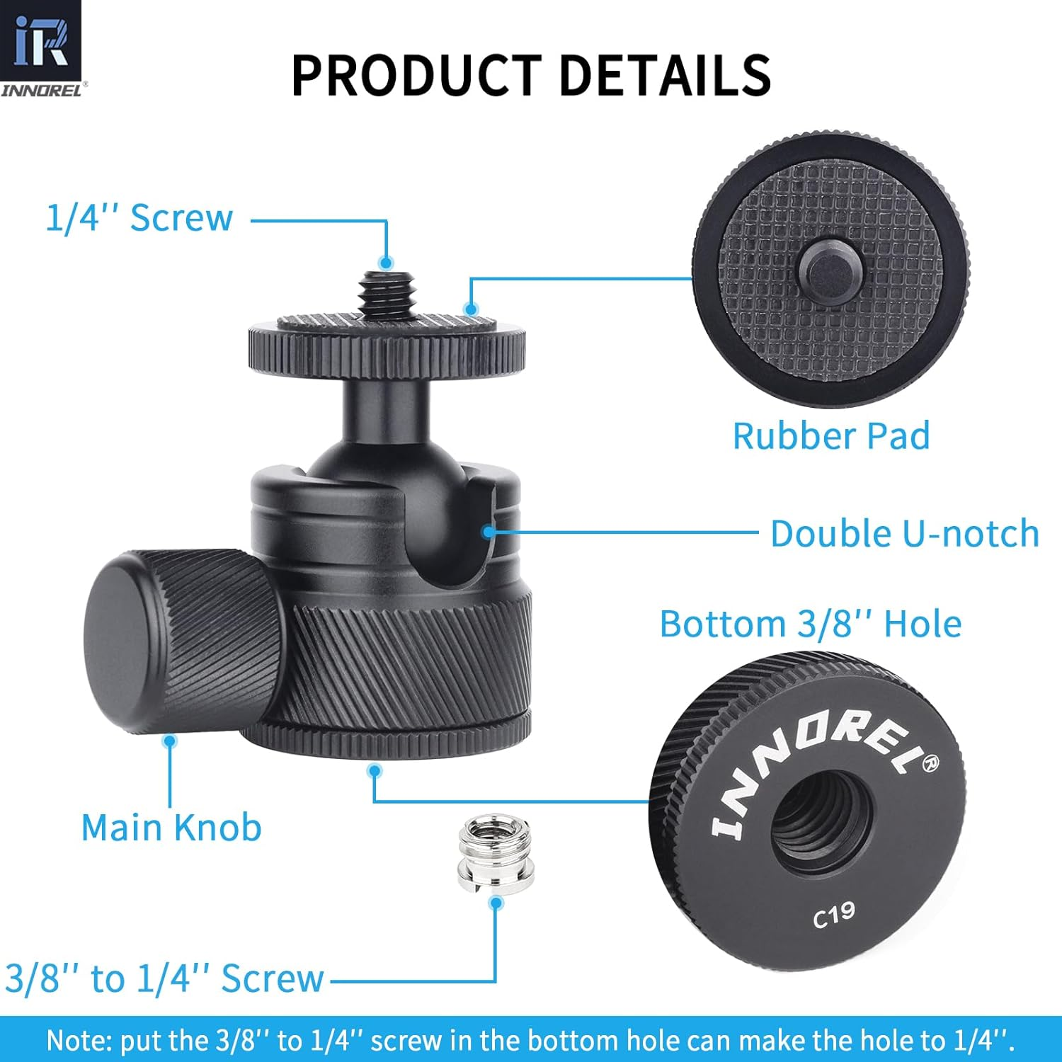 Mini Ball Head-Innorel C19 Mount Tripod Head-Cnc Metal Low Profile Ballhead 360&deg; Pan 90&deg; Tilt Tripods Mount with 3/8" to 1/4" Adapter Ballheads, Max Load 6.61 Lb/3Kg for Phone/Dlsr Camera/Mini Holder image number 4
