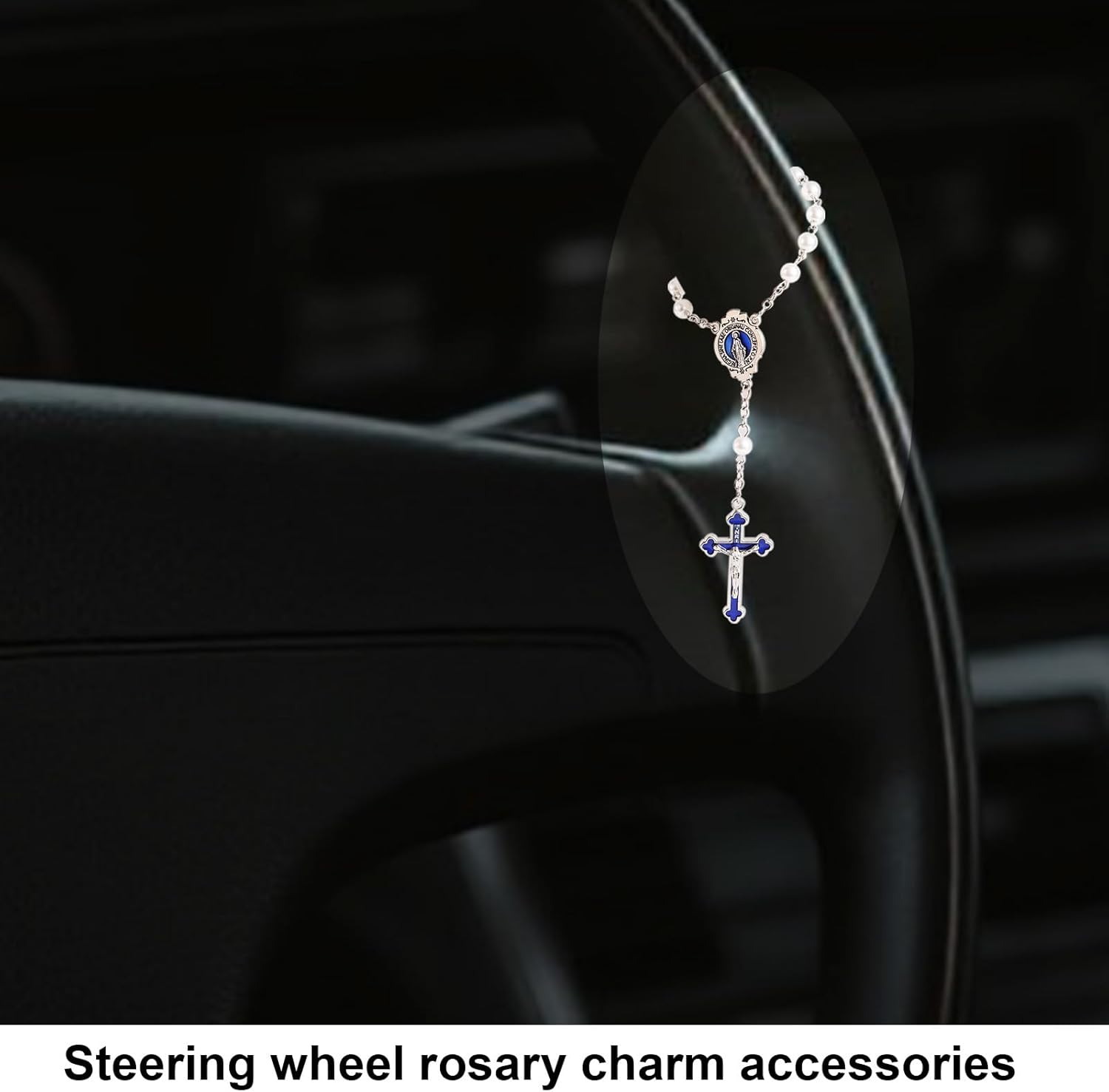 Steering Wheel Rosary Charm, Silver Catholic Car Accessory with Virgin Mary Crucifix and Pearls Rear View Mirror Hanging Ornament for Men & Women