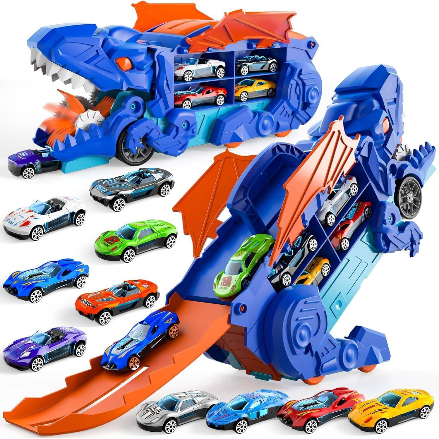 Valdera Dinasour Toys Transporter Truck Track for Kids, Foldable Dinosaur Truck with 10 Racing Cars, Dino Educational Toy for Kids Boys Girls Birthday Gift (Blue)