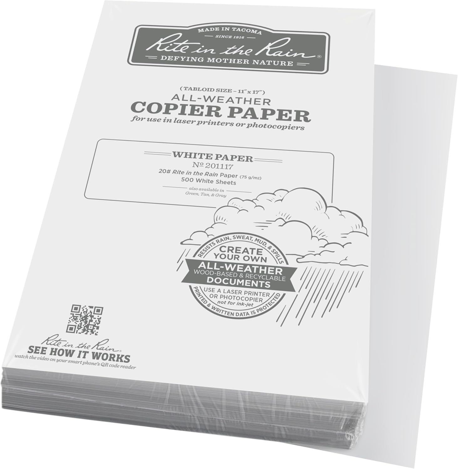Rite in the Rain Weatherproof Laser Printer Paper, Tabloid Paper Size 11" X 17", 20# White, 500 Sheet Pack (No. 201117)