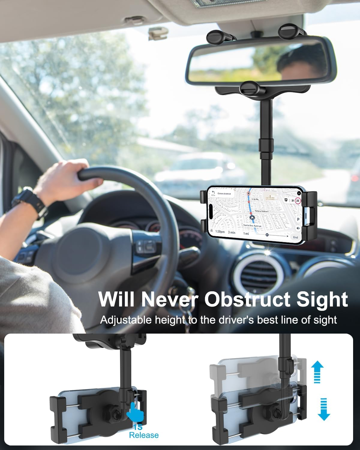 Car Rearview Mirror Phone Holder Mount [360&deg;Rotatable & Retractable] Rear View Mirror Cell Phone Holder for Car, Universal Multifunctional Car Clip for Iphone 14 Pro Max 13 12 11, All Mobile Phones image number 5