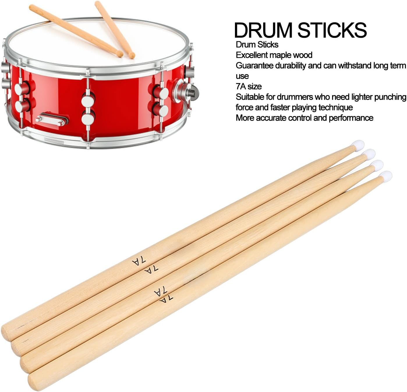 Nylon Tip Drum Sticks, Maple Wood Drumsticks Faster Playing Technique 2 Pairs Professional for Practice image number 4