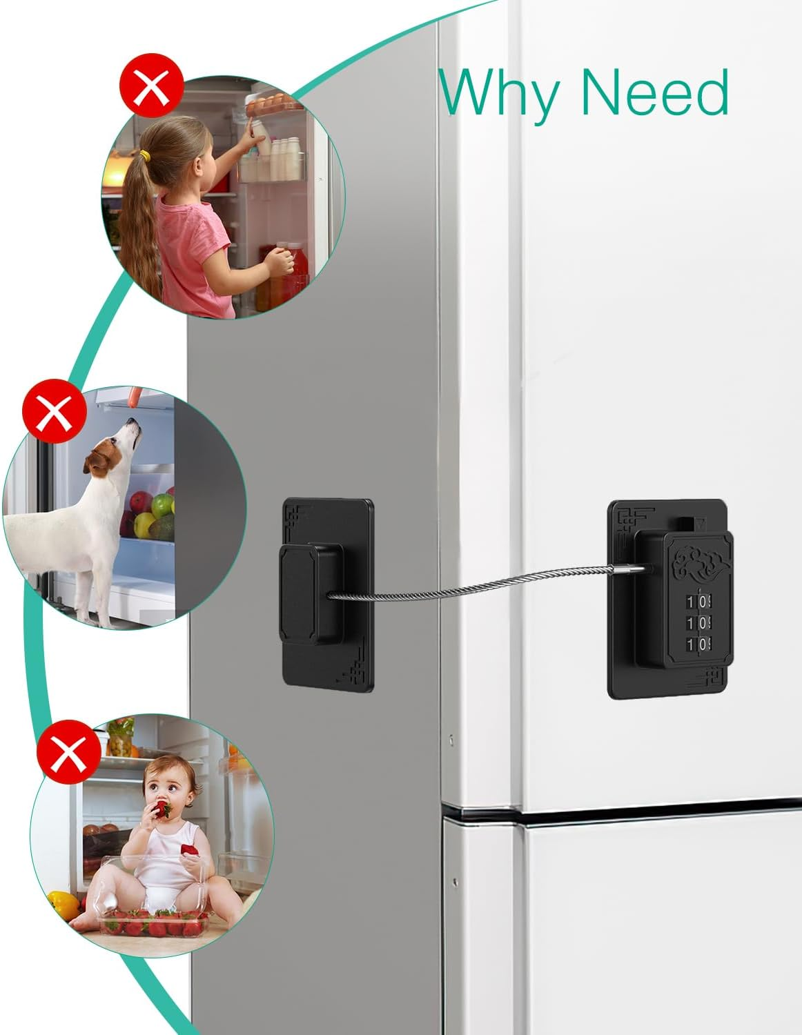 ORIA Refrigerator Lock, 2Pcs Child Proof Fridge Lock, Freezer Door Lock with 3-Digit Code, Child Safety Lock for Door, Drawer, Cabinet, Closet, Window, Easy Install No Keys No Drill Needed image number 5