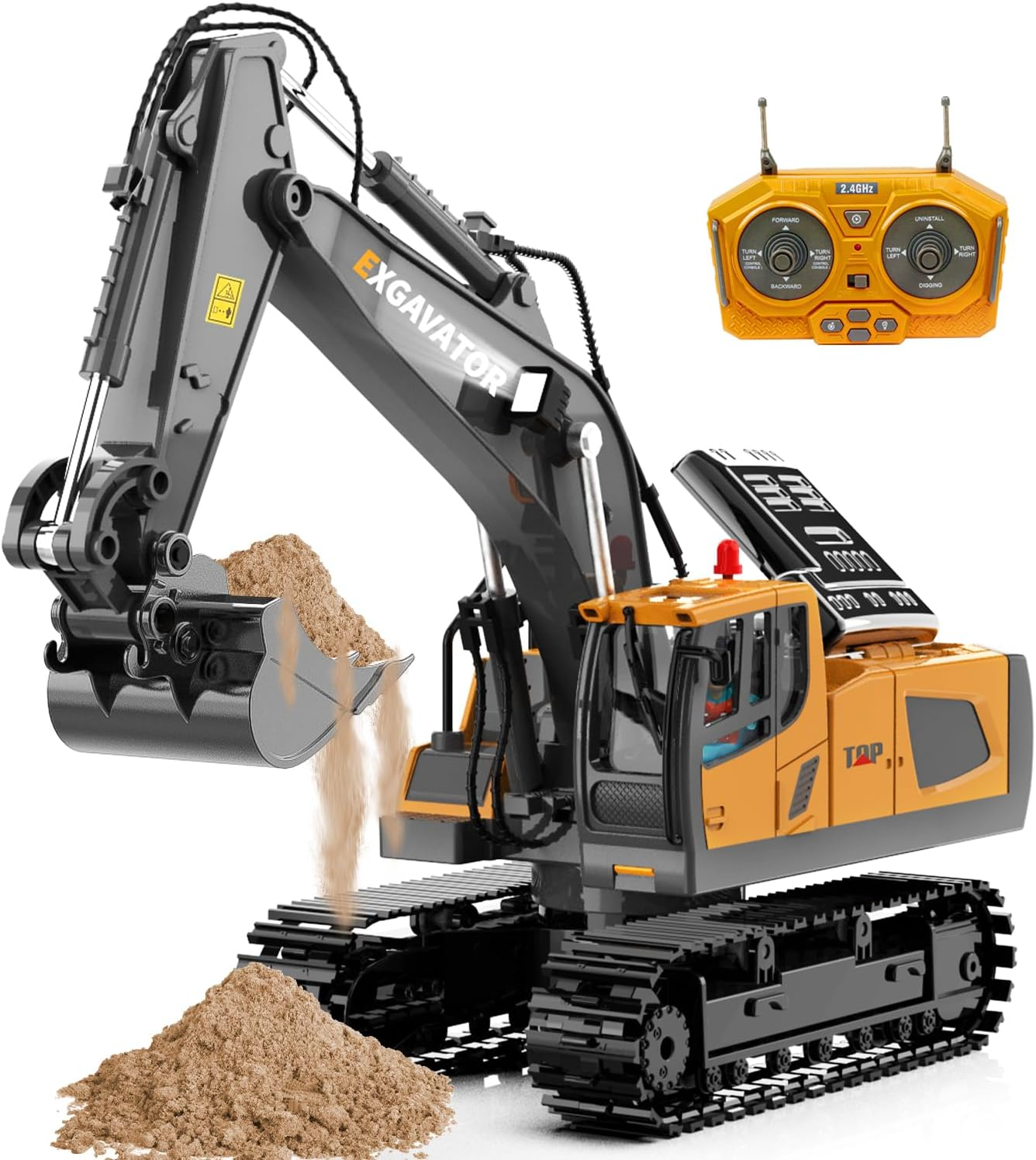 Remote Control Excavator RC Digger Toy for Boys, 11 Channel Hydraulic Turns 680 Degree, Construction Toys with Metal Shovel, Lights, Sounds, 2 Rechargeable Batteries, Yellow image number 2