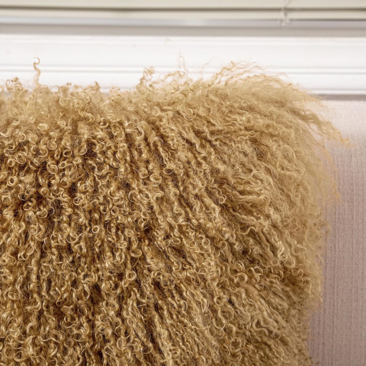 Luxury Mongolian Lamb Fur Pillow Covers Sheepskin Curly Wool Pillowcase Furry Leather Decorative Throw Cushion Cover for Couch and Bed Chair, No Pillow Insert, 18 X 18 Inch, Khaki