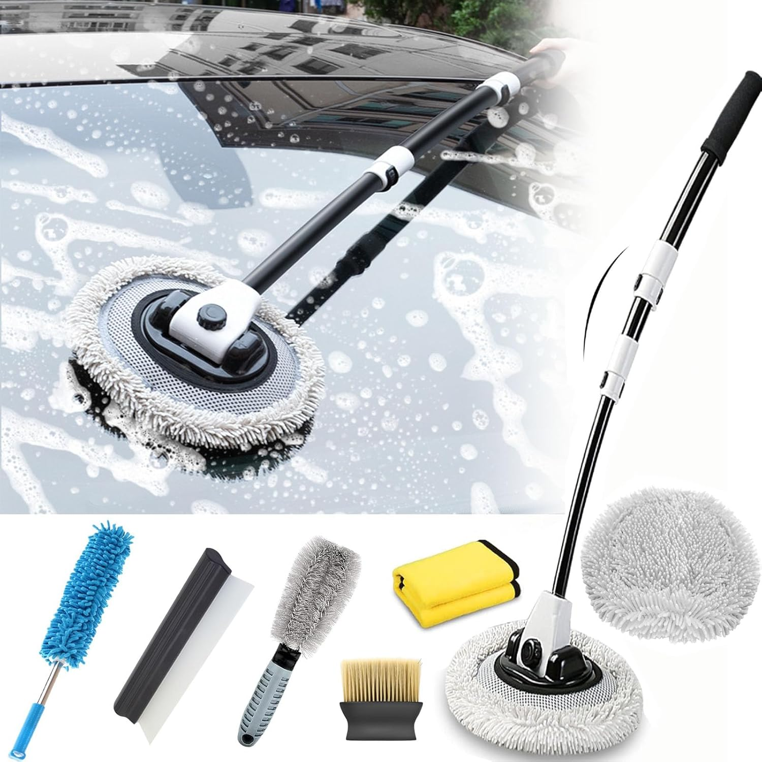 7Pcs Car Wash Kit,43" Car Wash Brush with Long Handle,15&deg; Curved Car Cleaning Brush with Telescopic Handle,Car Detailing Kit for Washing Caravan Van Truck Boat image number 5
