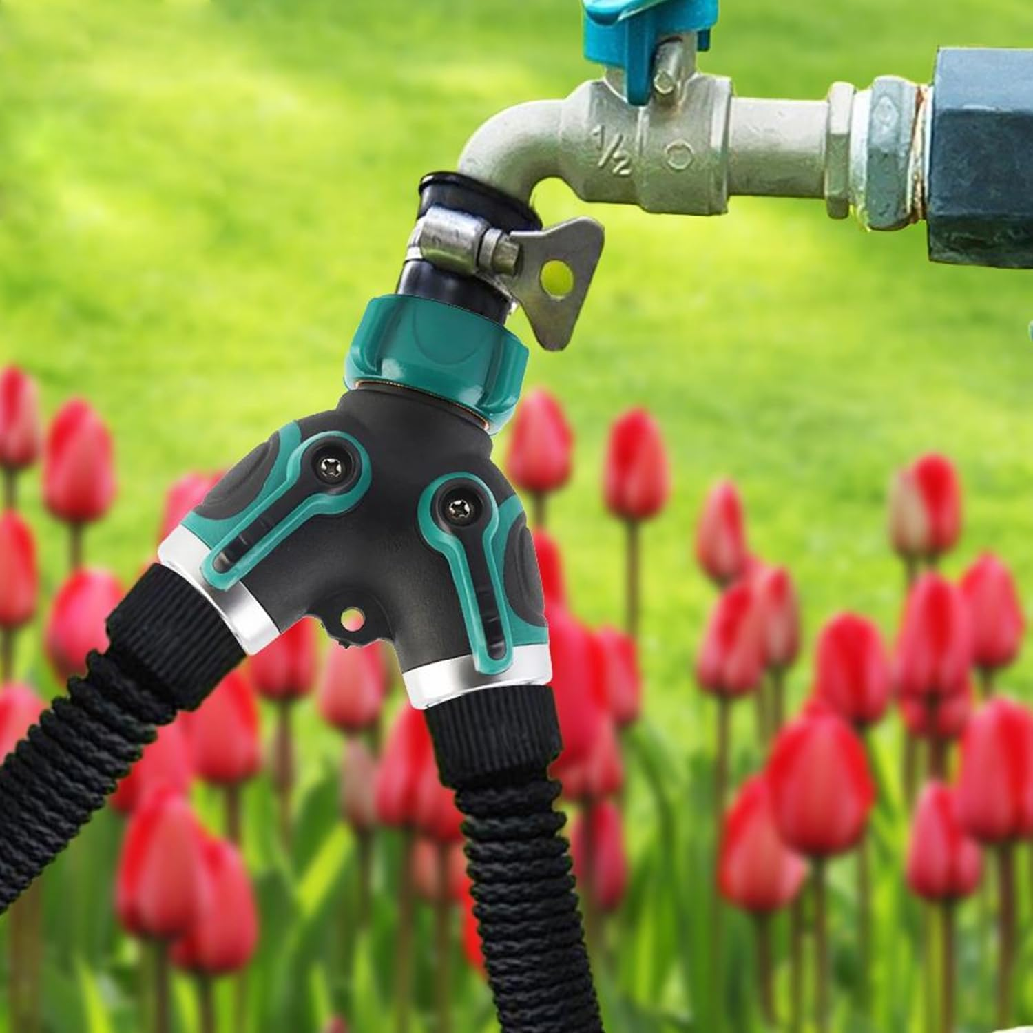 Hose Splitter 2 Way Heavy Duty Water Hose Garden Hose Splitter Hose Splitter Water Hose Connector Outdoor Faucet Hose Splitter Water Valve Brass Garden Hose Manifold with Rubber Washers Tapes image number 4