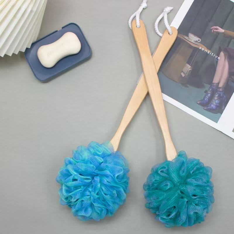 Shower Sponge Loofah Back Scrubber, PE Soft Mesh Loofah Body Scrubber with Long Wooden Handle, Bath Sponge for Men Women (Green)