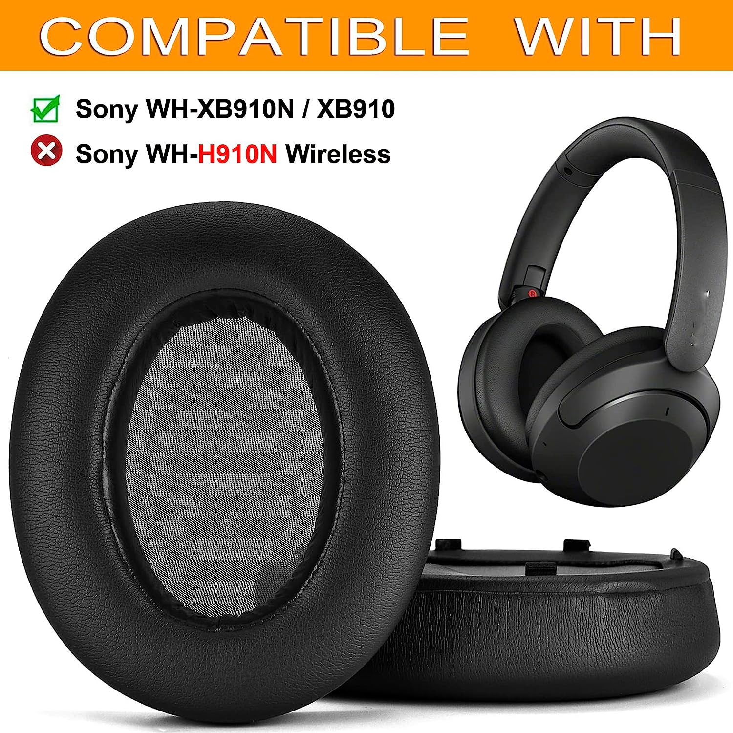 WHXB910N Earpads Cushions Replacement Compatible with Sony WH-XB910 XB910N Extra Bass Noise Cancelling Headphones, Ear Pads with Softer Protein Leather (Black)