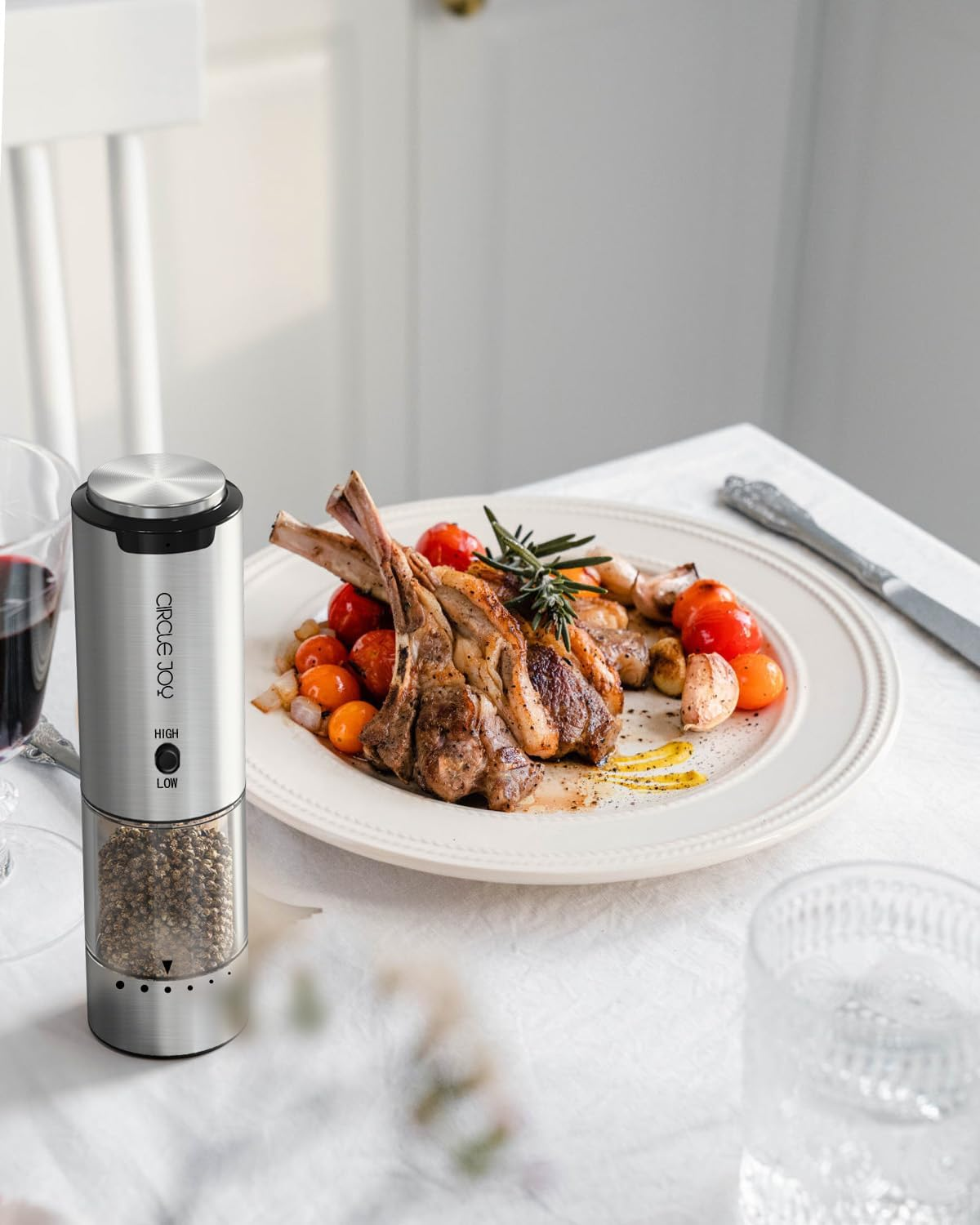 CIRCLE JOY Salt and Pepper Grinder Set Electric Rechargeable Speed Control Pepper Mill Set with Portable Dual Charging Station, External Adjustable Coarseness, 95ML Spice Container