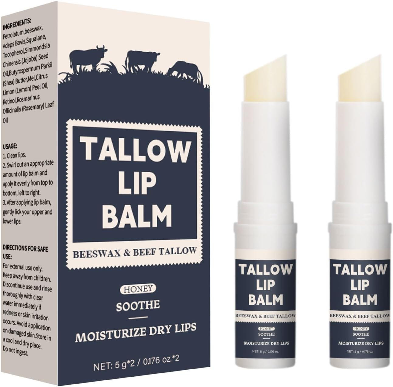 Tallow Lip Balm with Beeswax and Beef Tallow, Honey Flavour, Moisturizer Grass Fed Tallow Balm Care,5G*2 image number 5