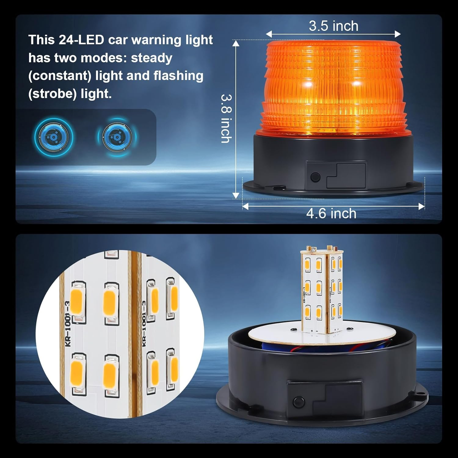 Magnetic Amber Flashing Beacon Light, 12V-24V Wireless & Rechargeable LED Warning Light for Roadside Safety, Trucks, Cars, Golf Carts, Snow Plows