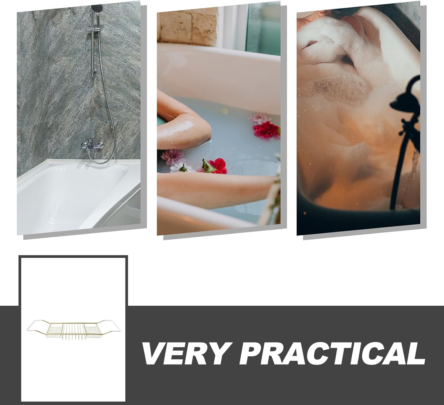 ROMISBABA Adjustable Stainless Steel Bathtub Tray Organizer with Non-Slip Extendable Storage Rack, Gold Bathroom Tub Side Shelf for Mobile Phone and Bath Accessories image number 2