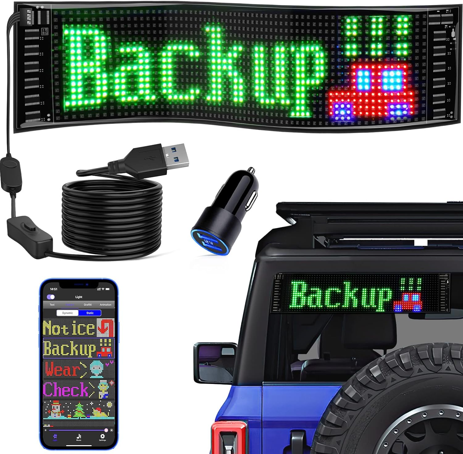 KJOY Bluetooth App Control LED Sign, 14.6''X3.6'' Flexible USB 5V LED Car Signs Programmable LED Sign Custom Text Pattern Animation Scrolling LED Display for Car Store Party Bar Hotel Concert image number 6