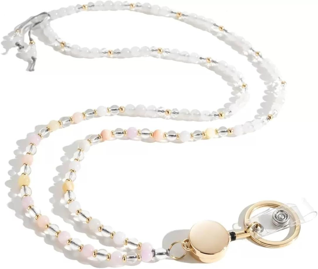 DUOMIAO Lanyards for ID Badges and Keys, Natural Stone Retractable Lanyard Durable Beaded Lanyard for Teacher Women, Morganite, Standard image number 5