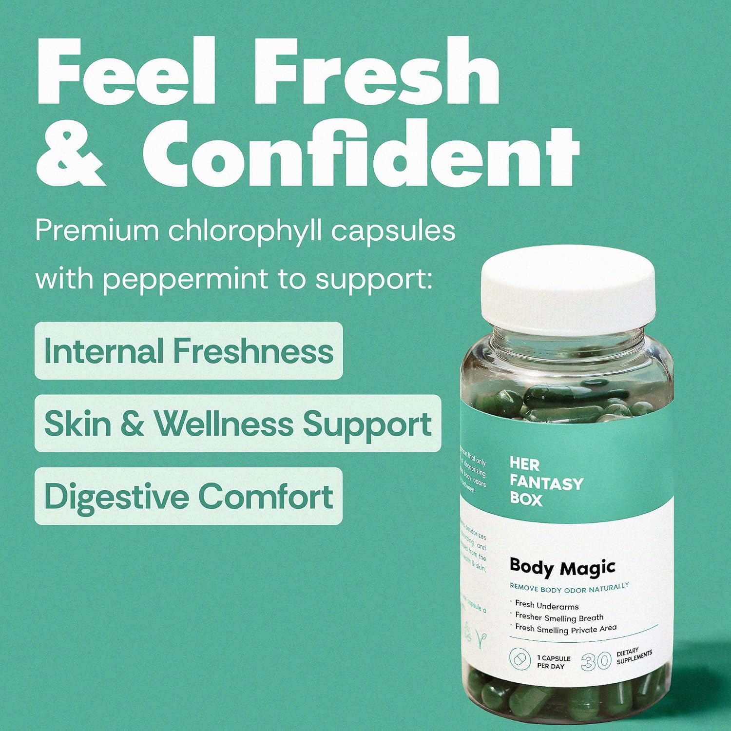 Her Fantasy Box | Body Magic Chlorophyll Capsules - 30 Vegan Capsules - for Detox, Digestion, Gut Health, Skin, Oily Skin & More image number 4