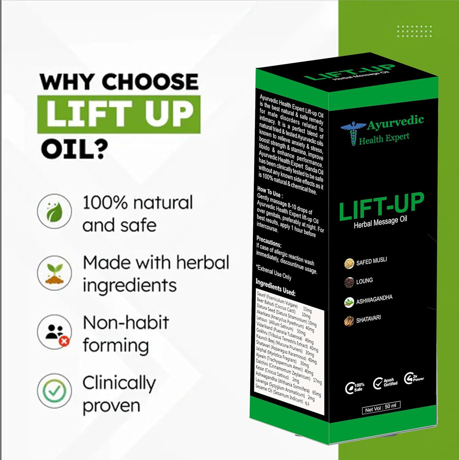 Ayurvedic Health Expert Lift-Up Herbal Massage Oil for Men | Safed Musli, Ashwagandha, Shatavari, Long | Natural Ayurvedic Formula | External Use Only | 50 Ml