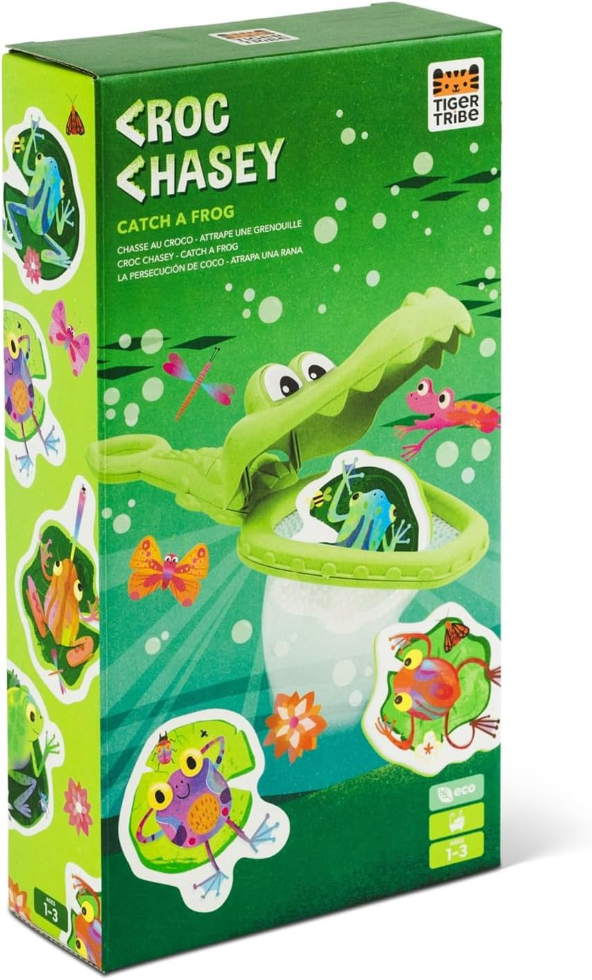 Tiger Tribe: Croc Chasey - Catch a Frog - Fun Bath Toy, Snap-Scoop-Catch Frogs, Frogs Float or Stick to Tiles, ECO Bioplastic, Toddler & Kids Ages 1-3