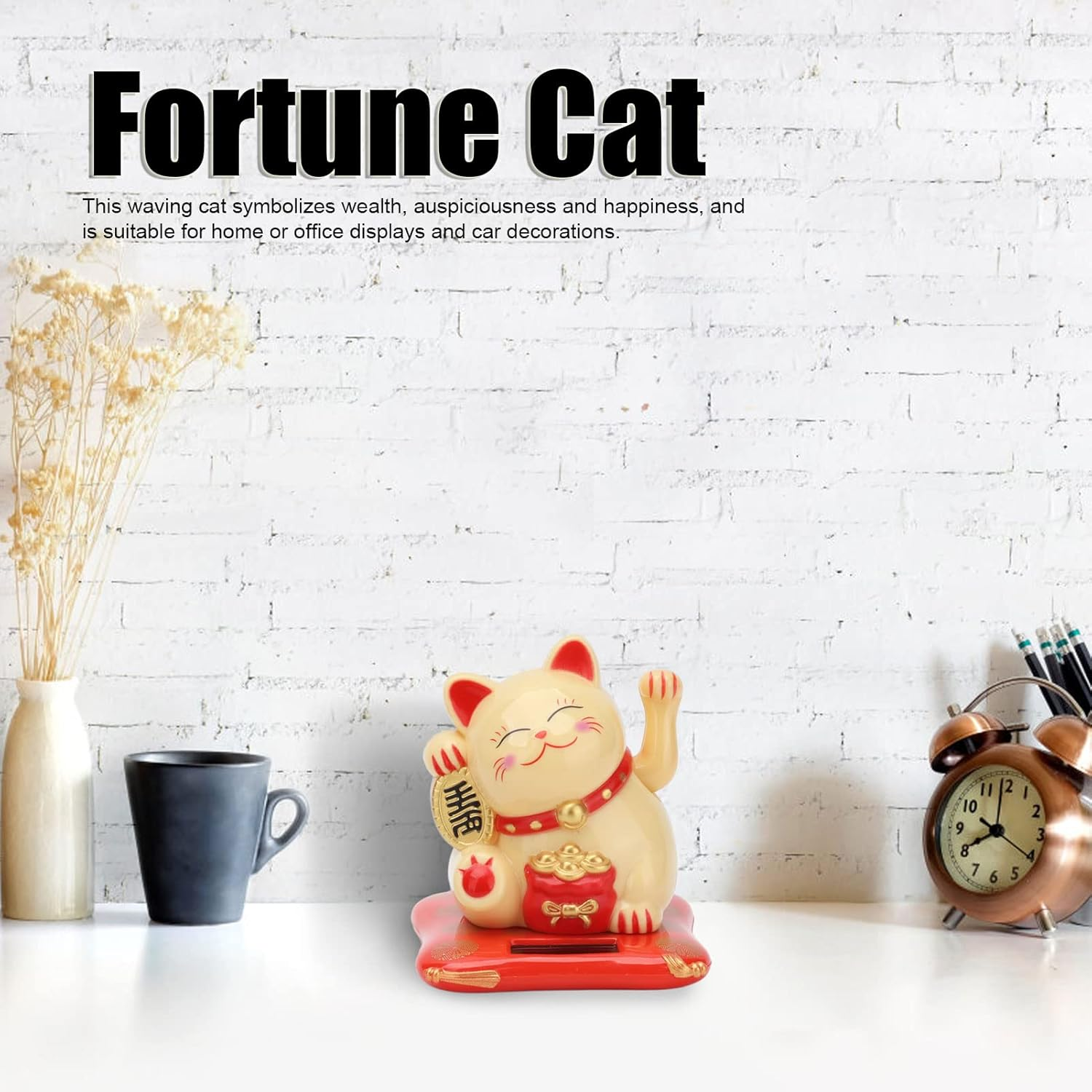 Solar Powered Lucky Cat, Lucky Cat Ornament, Fortune Cat Happy Cat Waving Arm White Wealth Welcoming Cat Solar Powered Cute Lucky Cat with Waving Arm for Home Office Car(Golden) image number 1