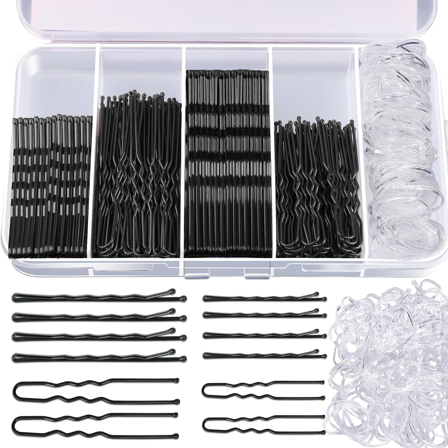 300Pcs Bobby Pins U Shaped Hair Pins Kit, 100 U Shaped Hair Pin for Women 2Inch 2.36Inch 100 Bobby Pins 2Inch, 2.75Inch and 100 Hairbands (Black)