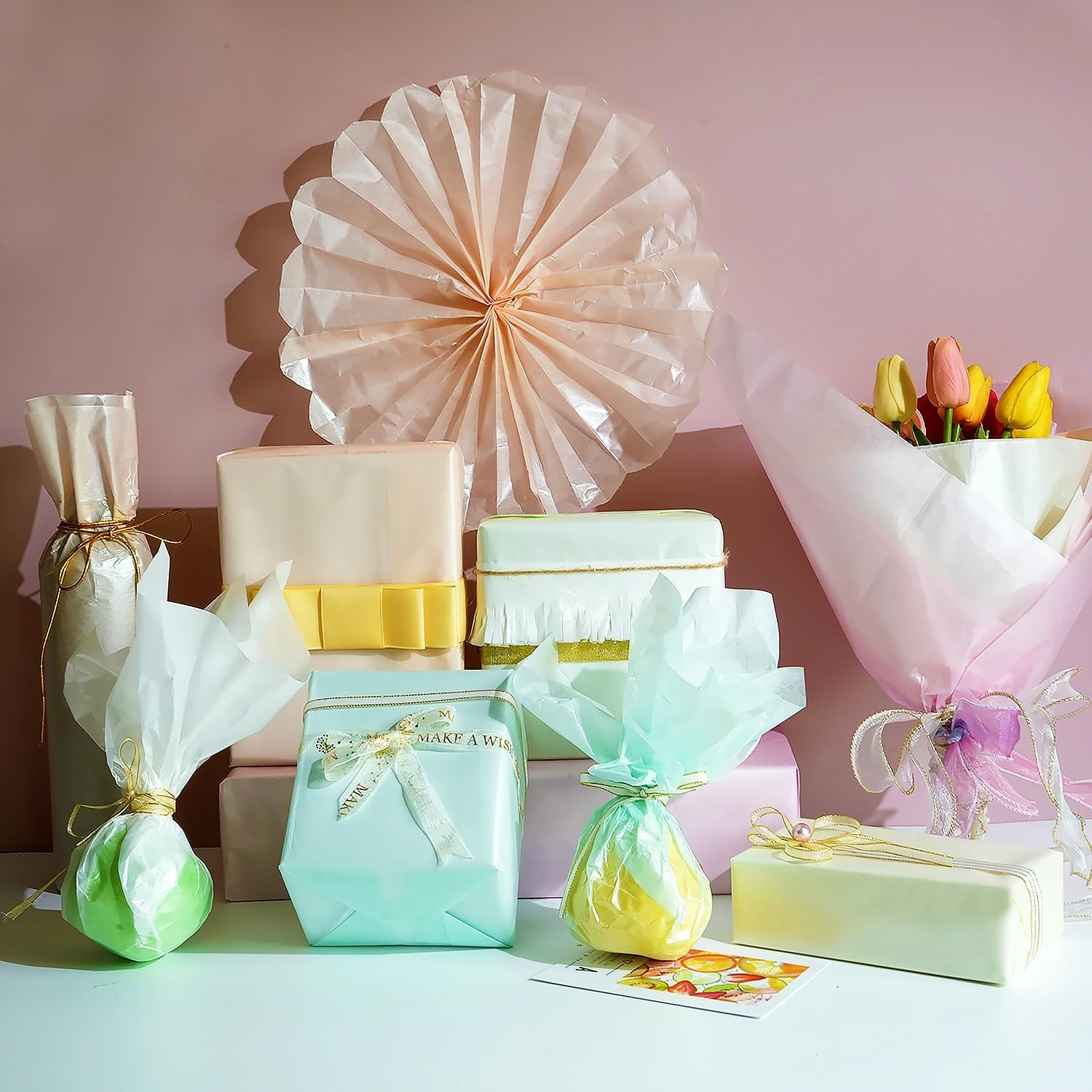 Tissue Paper Bulk, 105 Sheets Tissue Paper for Gift Bags Crafts, 7 Metallic Colors Tissue Paper for Wrapping Packaging Pastel Tissue Paper for Wedding Birthday Baby Shower Party Decor, 14 X 20 Inches