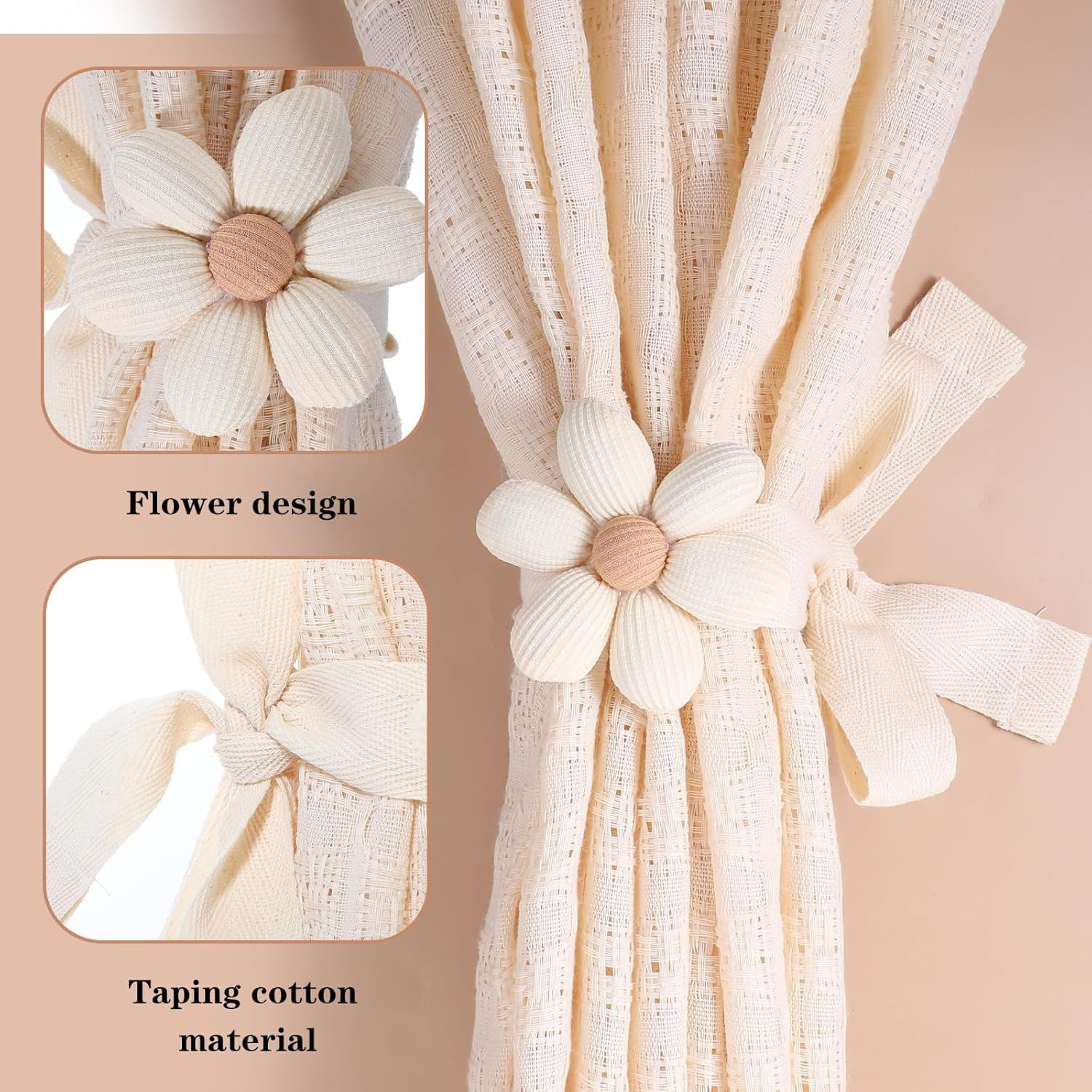 Shengsenfu 4 Pcs Boho Flower Curtain Tiebacks, Daisy Curtain Hook Set, Cute Sunflower Curtain Holders, Decorative Rope for Bedroom Draperies Decor, Cotton Holdbacks for Indoor & Outdoor Drapes Decor image number 2