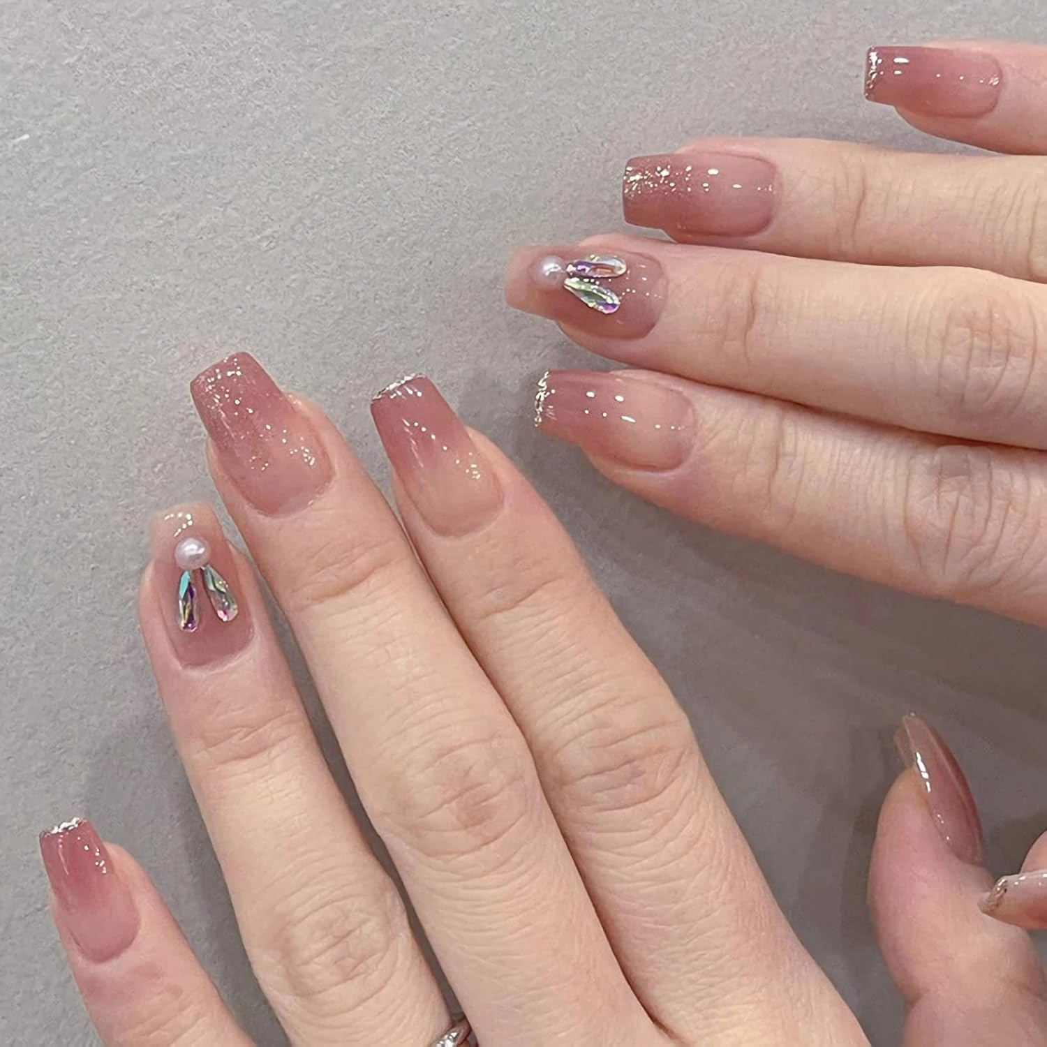 RYUUSEI Cute Bunny Square Press on Nails, Fake Nail Rabbit Fake Nails with Glue Short Coffin Nails Full Cover False Nail Tips Stick on Nails Lovely Gift Girls Nail Art Decoration Pink for Women Kid image number 5