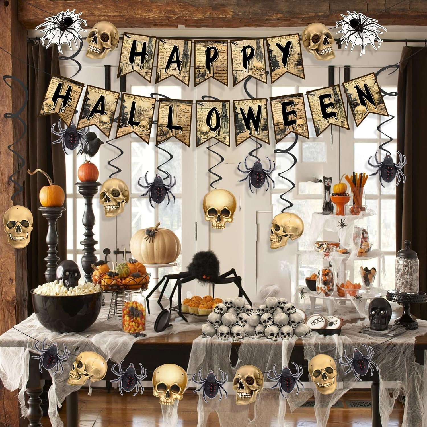 Happy Halloween Banners, Skeleton & Spider Party Supplies, 8Pcs Swirls Indoor Decor, Brown image number 3