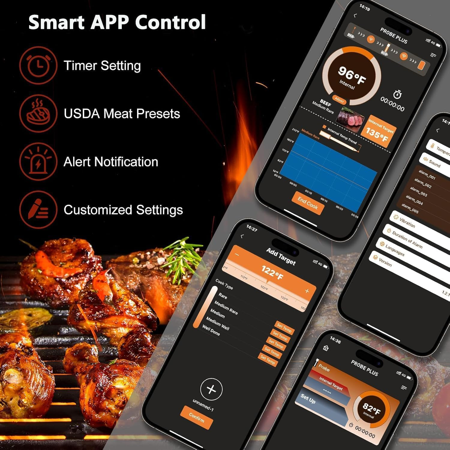 Wireless Meat Thermometer, 360FT Wireless Range Bluetooth Meat Thermometer with Accurate and Fast Readings, Smart Cooking Thermometer for BBQ Kitchen Smoker Rotisserie Grill image number 3