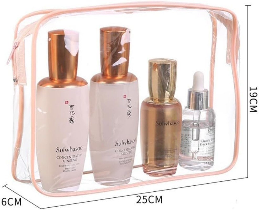 3 Pieces Clear Toiletry Bag(Pink Edge), Makeup Bags for Travel, PVC Waterproof Travel Small Pouches with Zipper for Men and Women