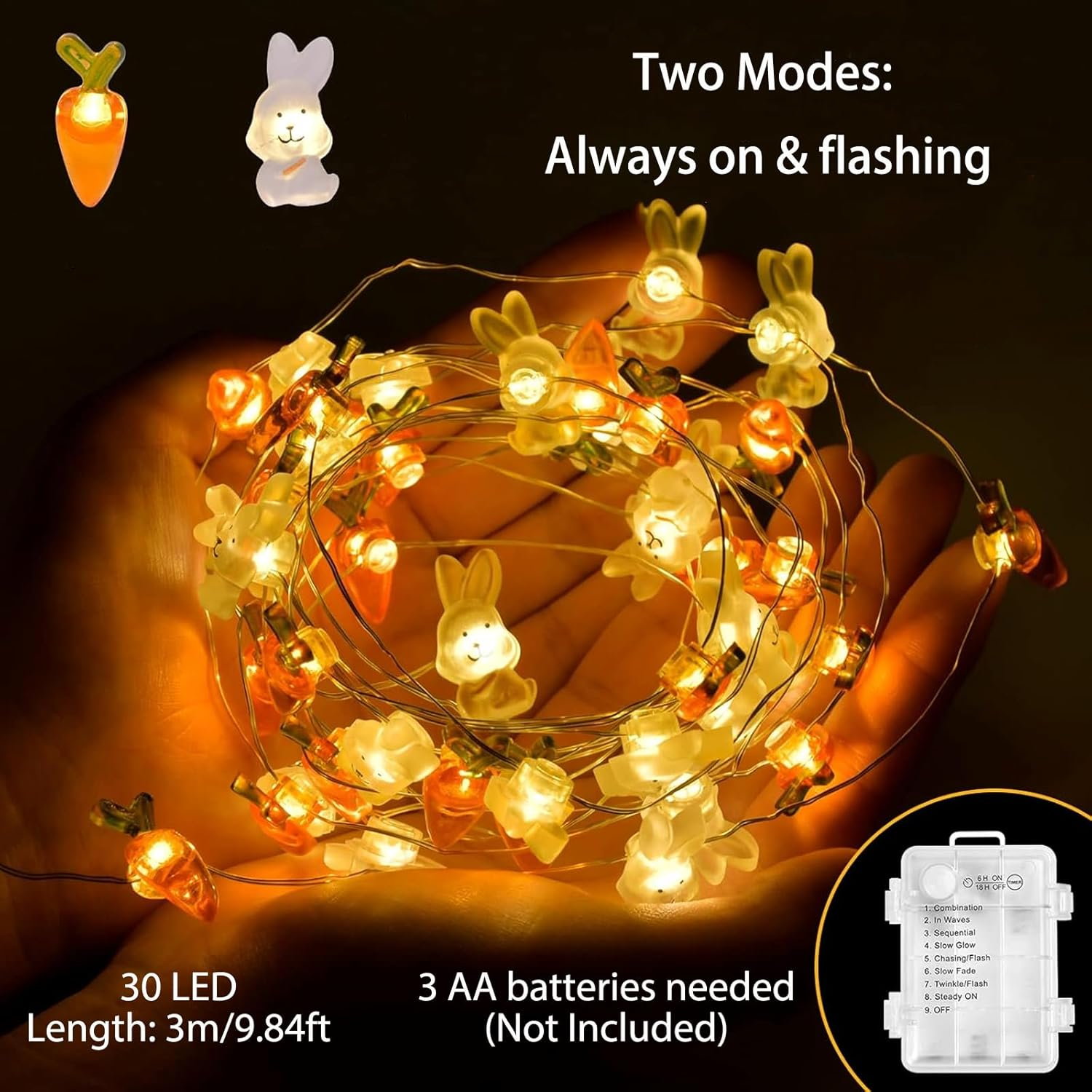 Shgarden Easter Decorations 9.8FT 30LED Bunny Carrot String Lights Battery Operated Warm White Spring Rabbit Fairy Lights for Indoor Outdoor Easter Basket Eggs Party Seasonal Bedroom Decor SH0095 image number 2