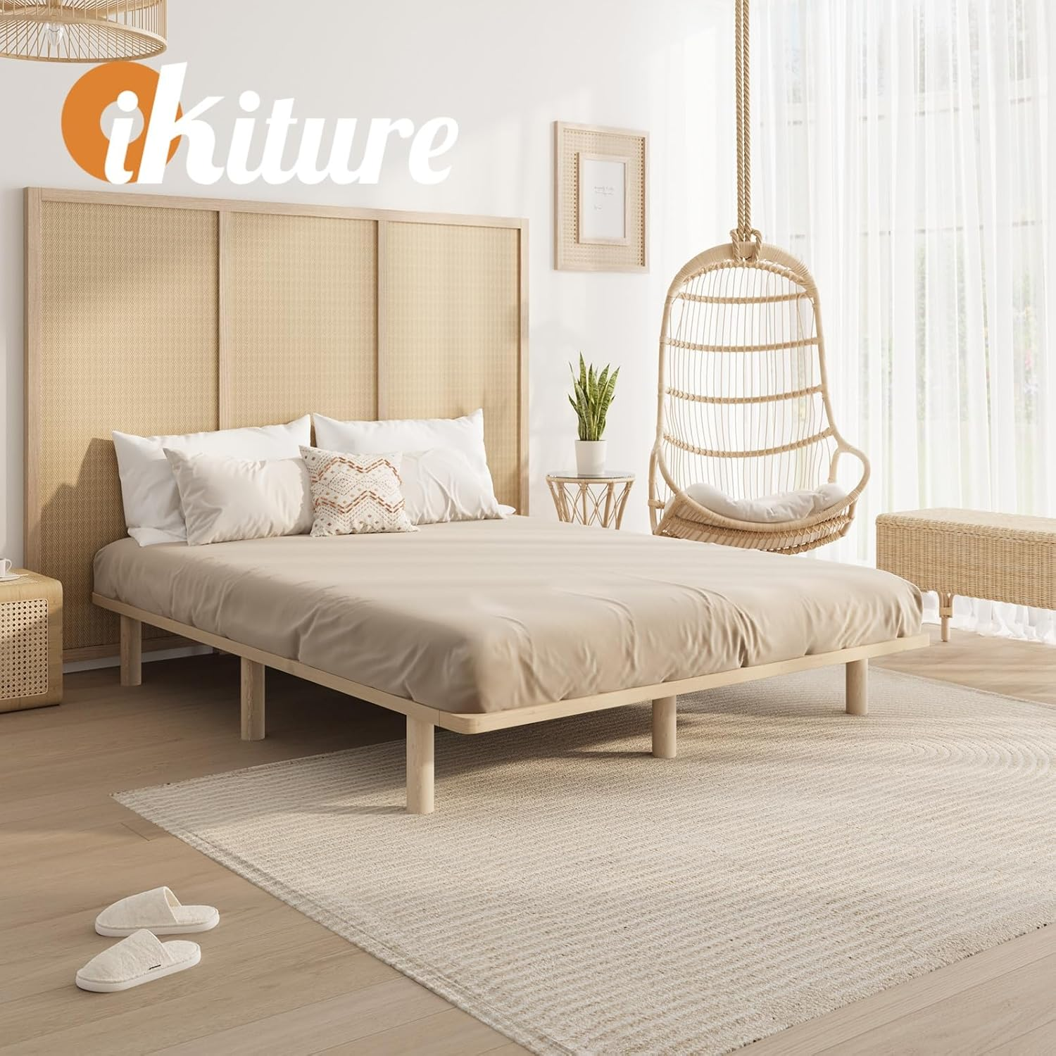 Oikiture King Single Bed Frame Wooden Bed Base Solid Wood Frame Platform Bed image number 3