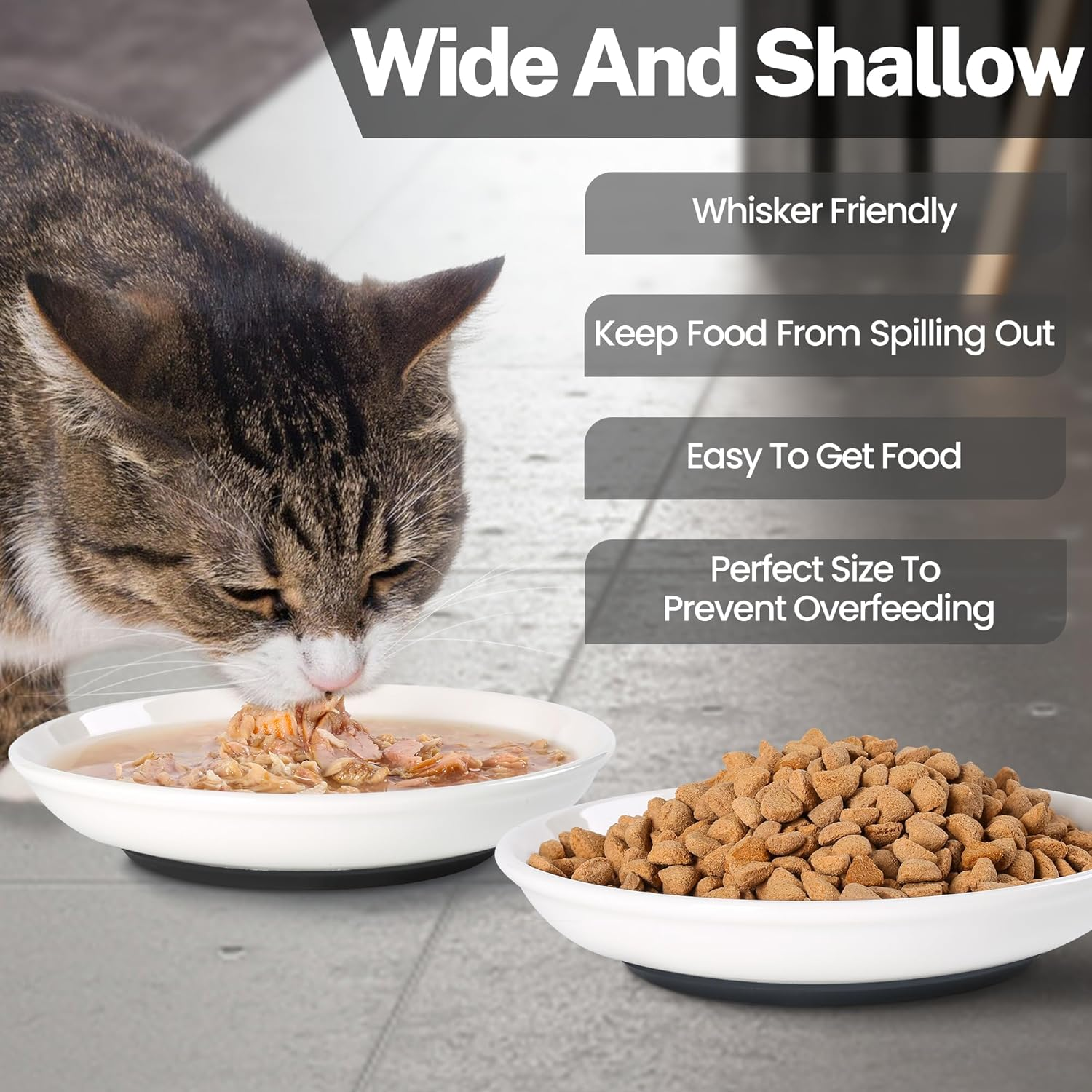 Cat Food Bowls - Whisker Friendly Ceramic with Nonslip Silicone Bottom, Pack of 3 Quiet Dishes and Plates for Feeding Indoor Cats, Kittens and Small Dogs (Cat Paw) - Fishbone+Cat Paw image number 2