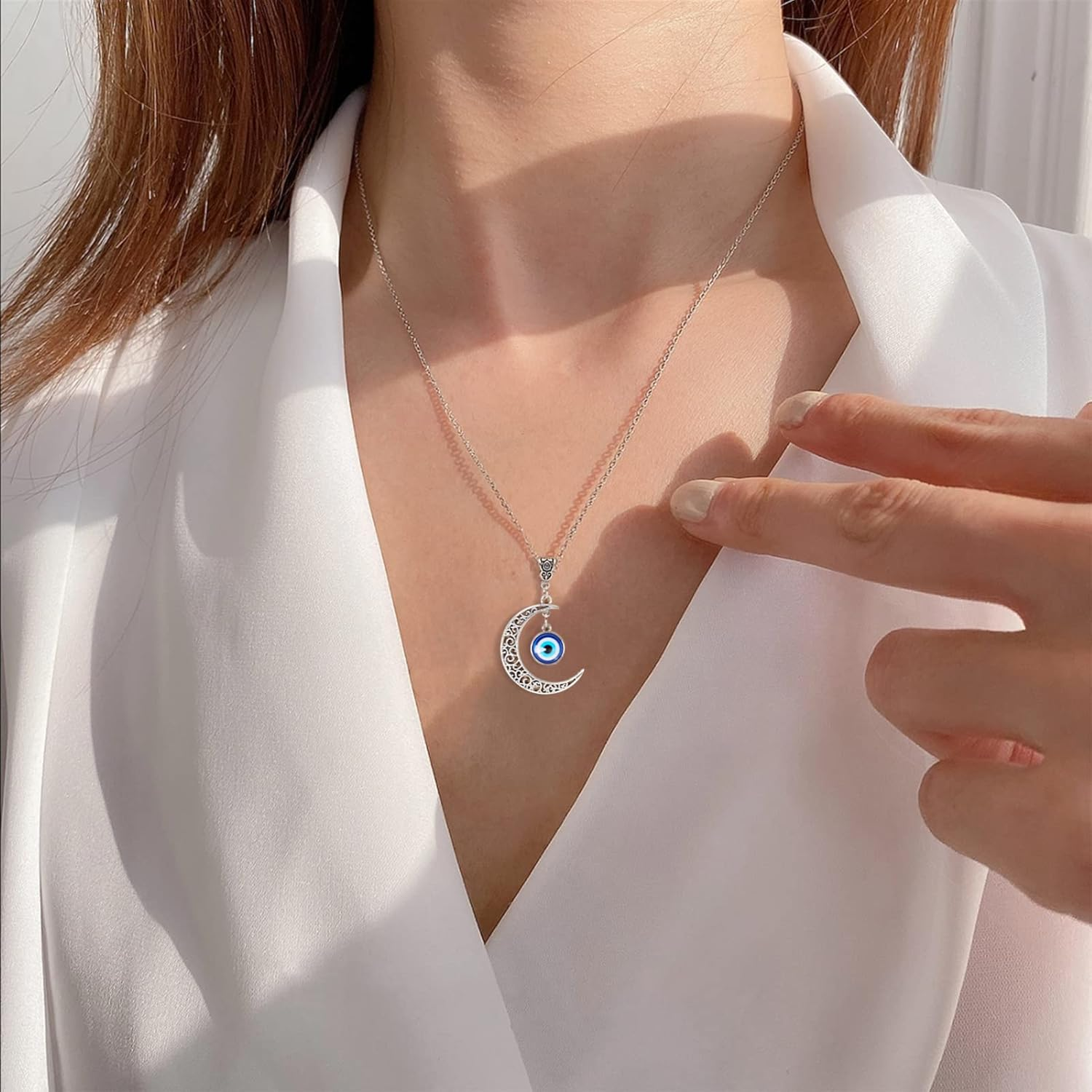 VIBILIA Evil Eye Necklace Sun Pendant Turkish Blue Eye Protection Lucky Necklaces Jewelry Gifts for Men Women (Sun) - Silver - 06-Moon-Silver image number 6