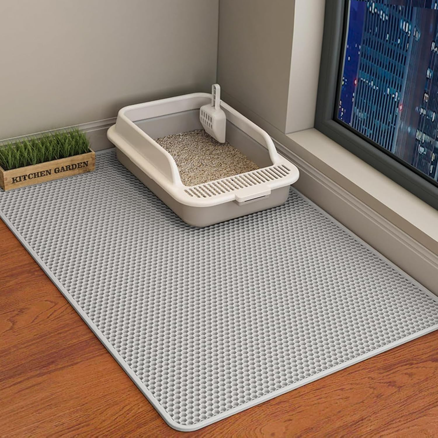 Cat Litter Mat Cat Litter Trapping Mat, 60 X 45 Cm Honeycomb Double Layer Design, Urine and Water Proof Material, Scatter Control, Less Waste, Easier to Clean,Washable Black