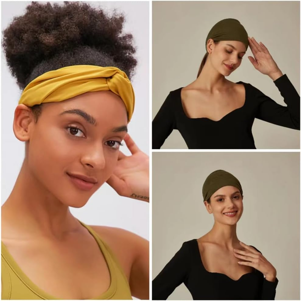 Pack of 6 Bandana Headbands for Women Wide Wavy Headscarf Boho Headscarves Wraps Turban Fabric Elastic Headband Yoga Hair Bands Sports Running Headscarves (Yellow13De) - Yellow13De image number 2