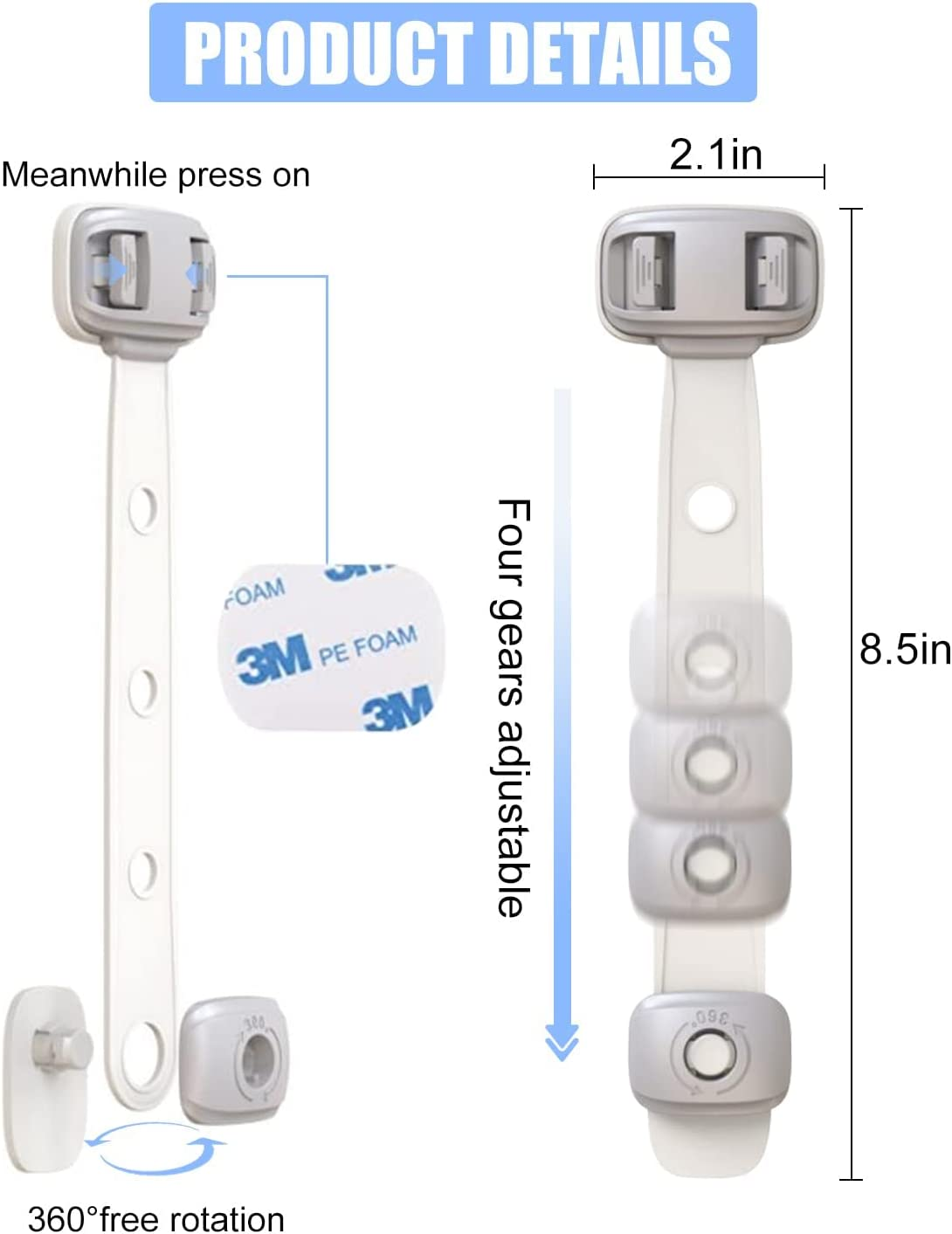Fridge Locks,Refrigerator Door Lock,Child Proof Safety Cabinet Lock with Strong 3M Adhesives,Fridge Locks for Kids,Adjustable Strap Multi-Purpose for Cabinet,Drawers,Freezer,Oven (2 Count (Pack of 1)) image number 3
