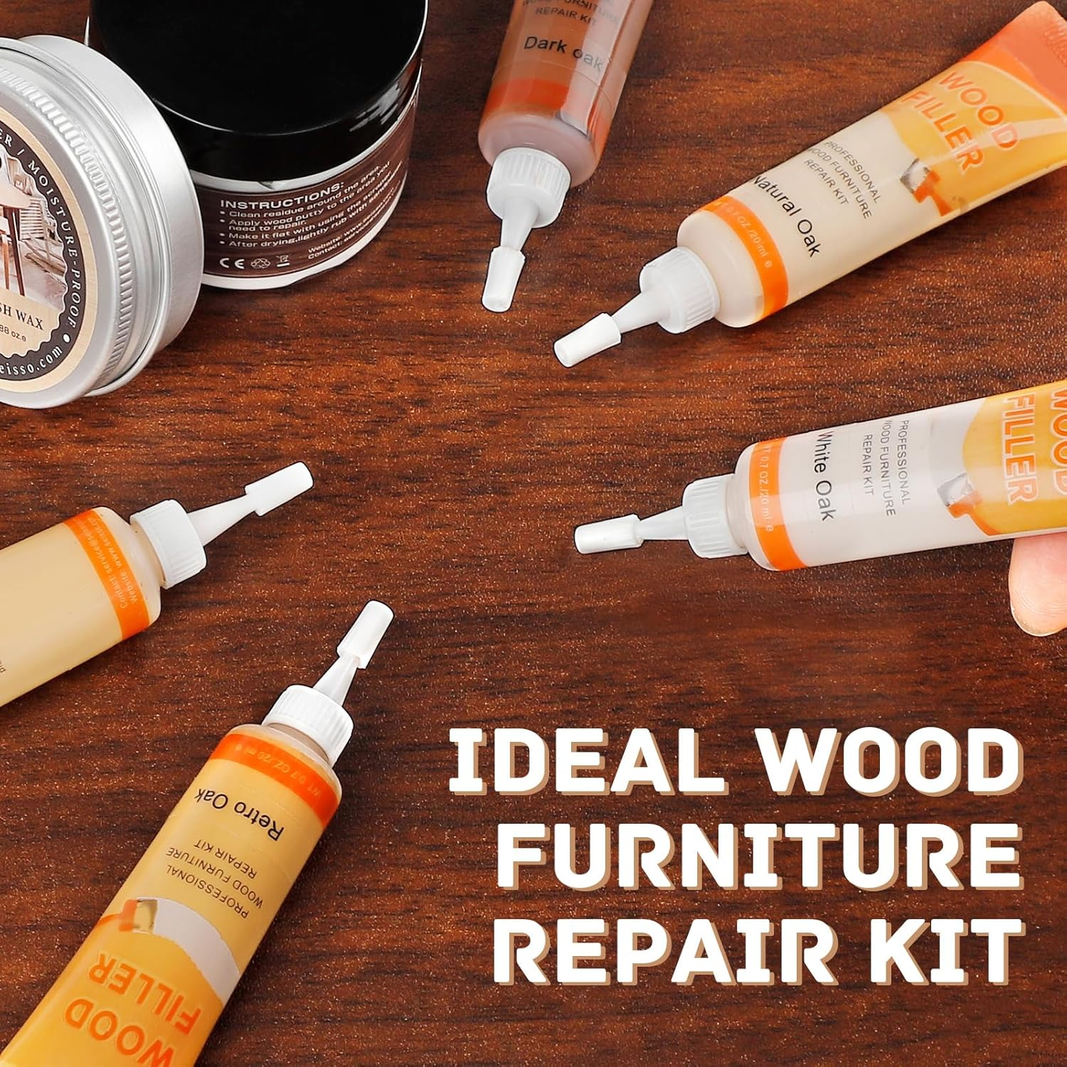 Furniture Repair Kit Wood Filler, Upgrade 6 Colors Oak Series Wood Floor Repair Kit, Filler Furniture Paint, Wood Putty & Wood Polish Repair Wood Floor, Crack, Holes, Laminate, Cabinet, Table, Oak image number 1