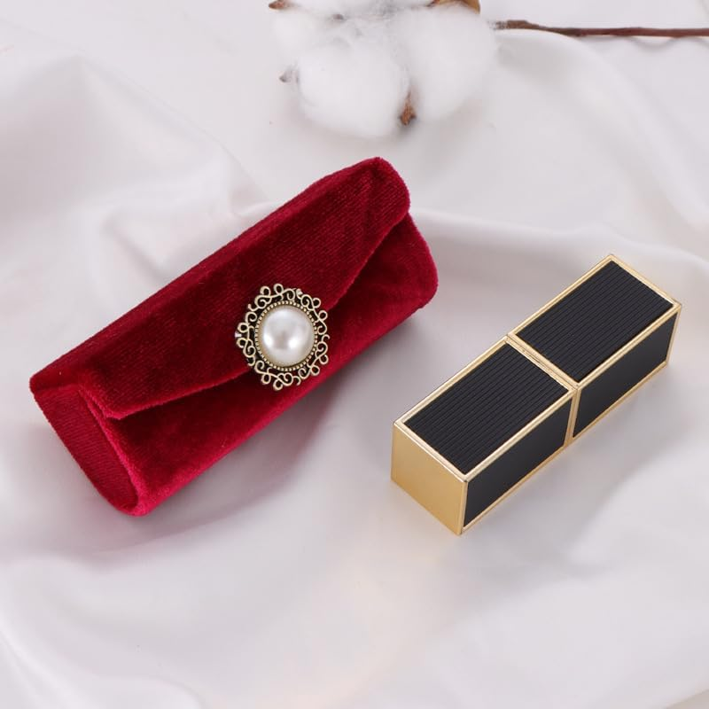 Lipstick Case Holder with Mirror, Vintage Velvet Lipstick Box Small Portable Lip Balm Organizer Bag for Women Girls (Wine Red, One Size) image number 2