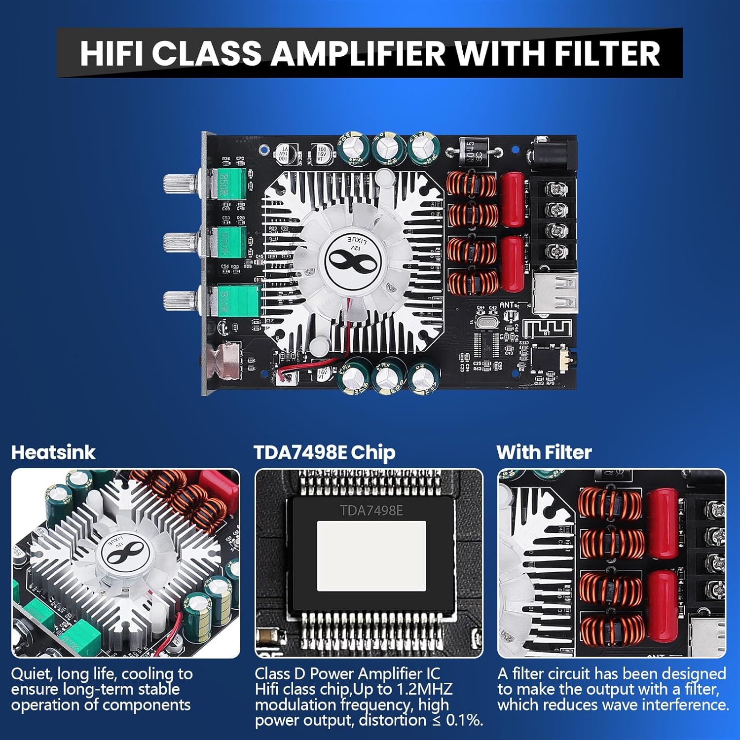 Audio Amplifier Board, ZK-1602T Bluetooth Power Amp for Home Speakers 2.0 Channel 160W+160W Stereo Mini Amplifier Module TDA7498E Chip W/TB, USB, AUX, DC 15-36V image number 5