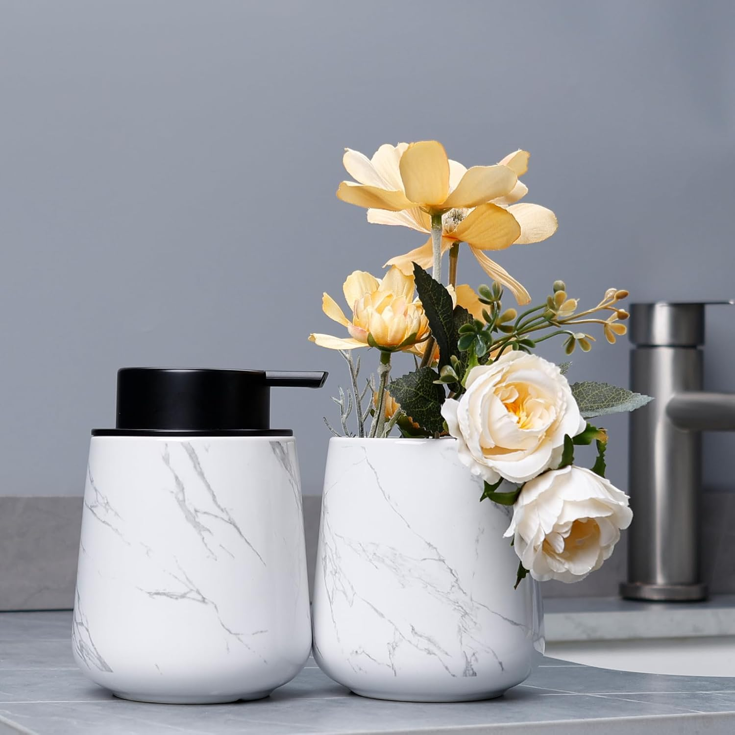 Foaming Soap Dispenser, 320Ml Ceramic Soap Dispenser Foam Dish Soap Dispenser for Bathroom Kitchen, Modern Marble Refillable Hand Soap Dispenser image number 4