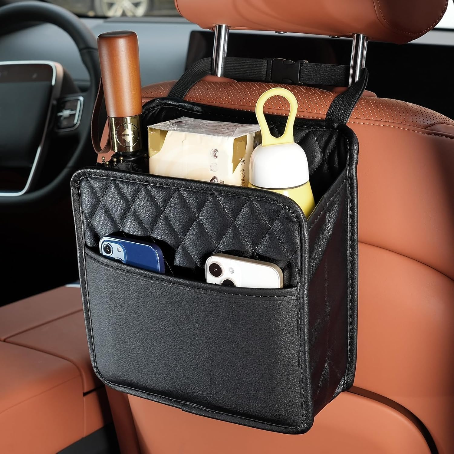 2-Pack Waterproof PU Leather Car Seat Back Organizer - Multi-Pocket Document Holder & Bottle Storage Bag - Travel Tidy Pouch Pocket (Black, One Size) image number 5