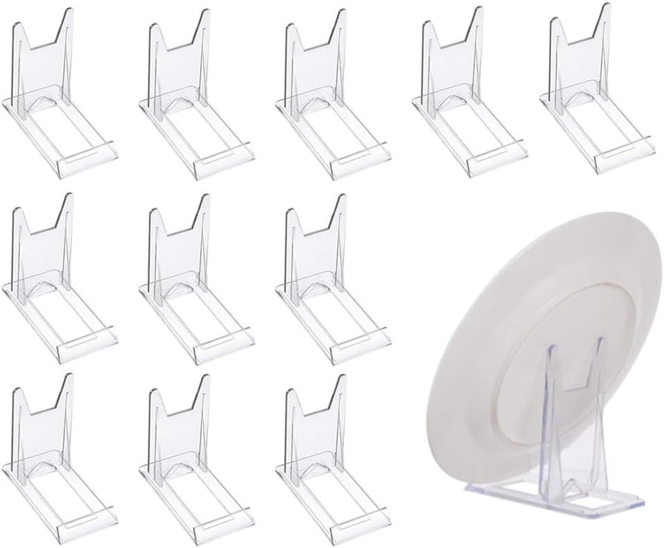 Naisfei 12 Pcs Clear Plastic Plate Stands, Acrylic Stands for Display Plastic Display Holders Picture Plate Holders Clear Mini Easels Stands for Display Pictures Photo and Artworks