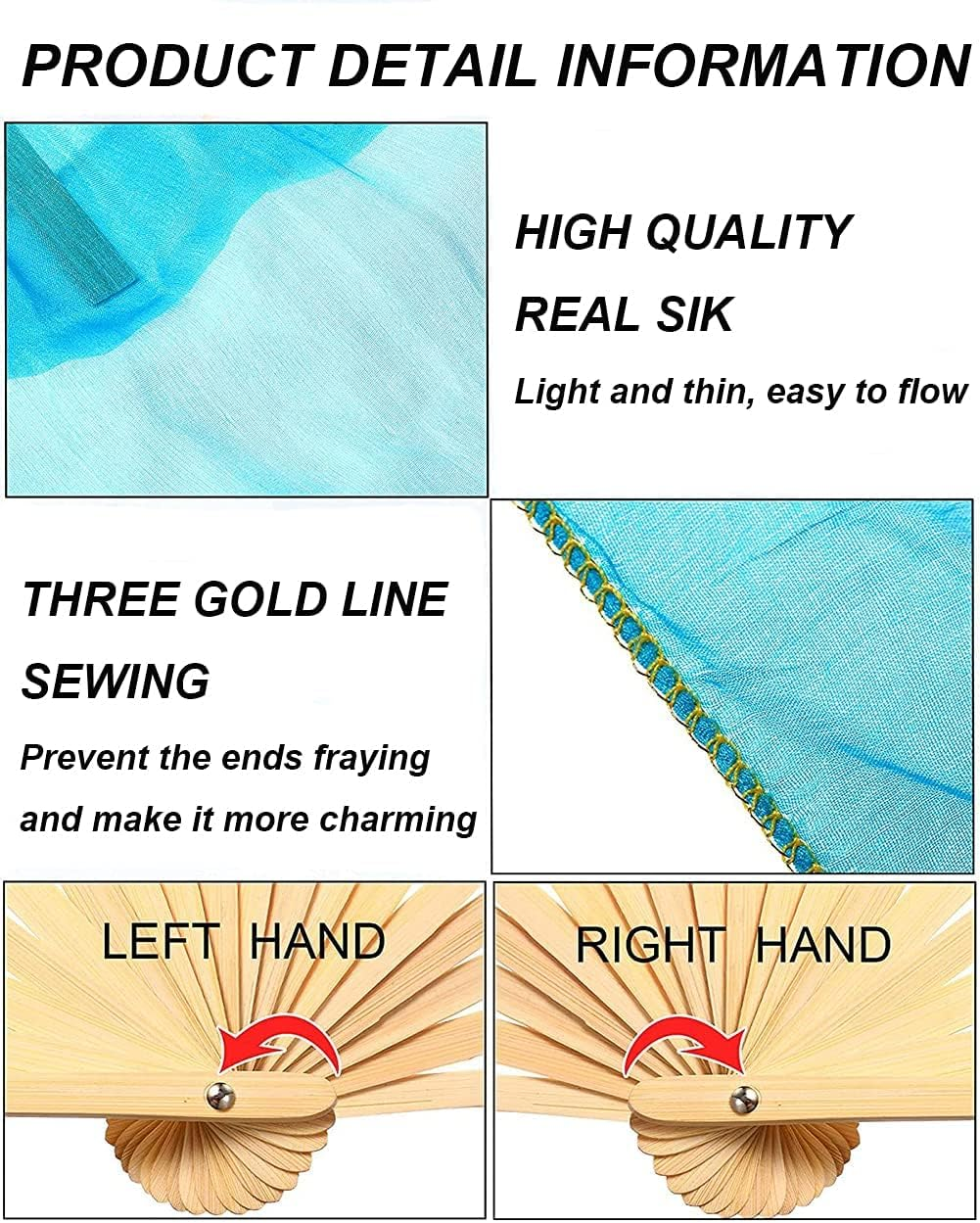 TMZAQH Women 1 Pair (Left+Right) Silk Belly Dance Fans Veil Belly Dancing Long Folding Fans Length 180 Cm * 90 Cm - Black White image number 3