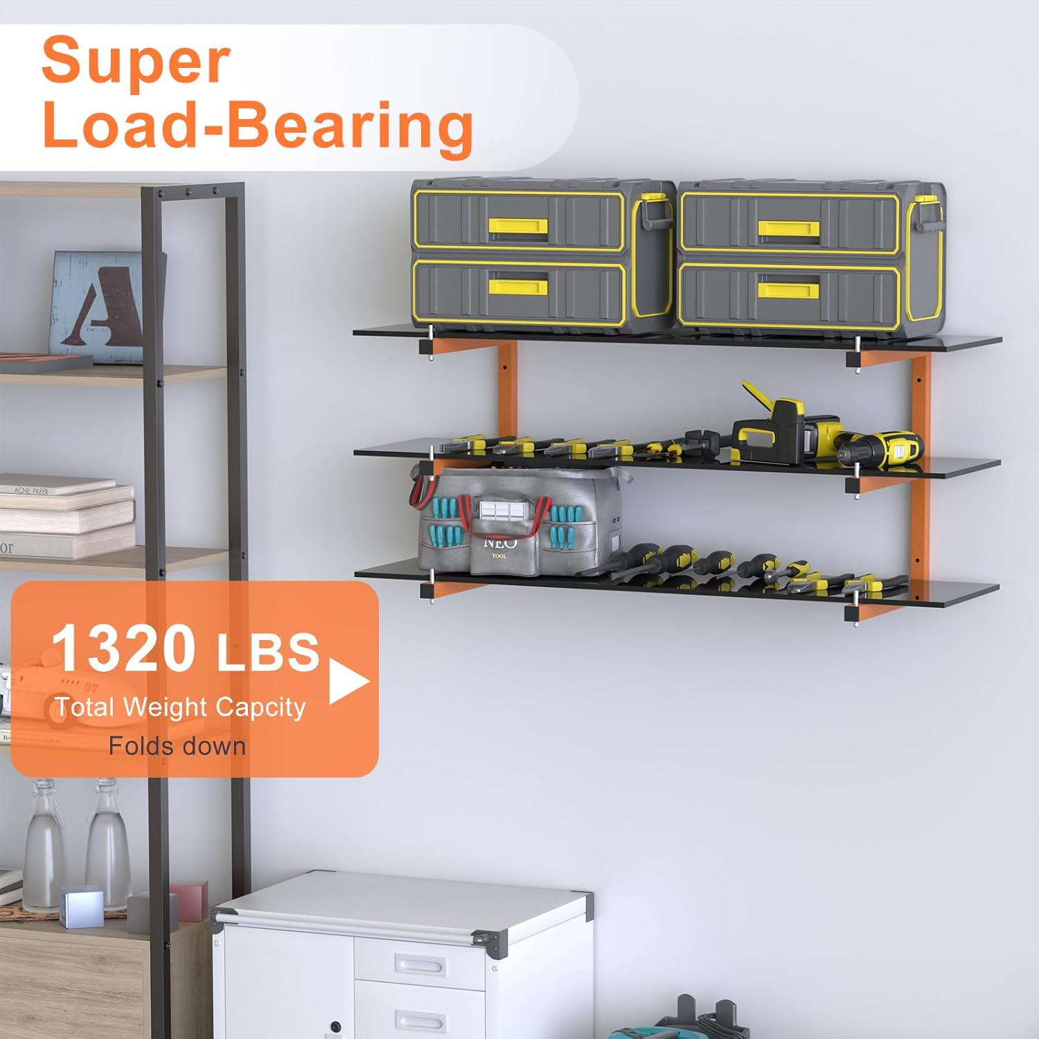 4 PACK Lumber Rack Wall-Mounted Lumber Storage Rack, Heavy Duty Wood Storage Racks with 6-Level System, 1320 LB Sturdy Garage Wood Organizer, Hanging Orange Lumber Metal Racks for Indoor & Outdoor image number 5