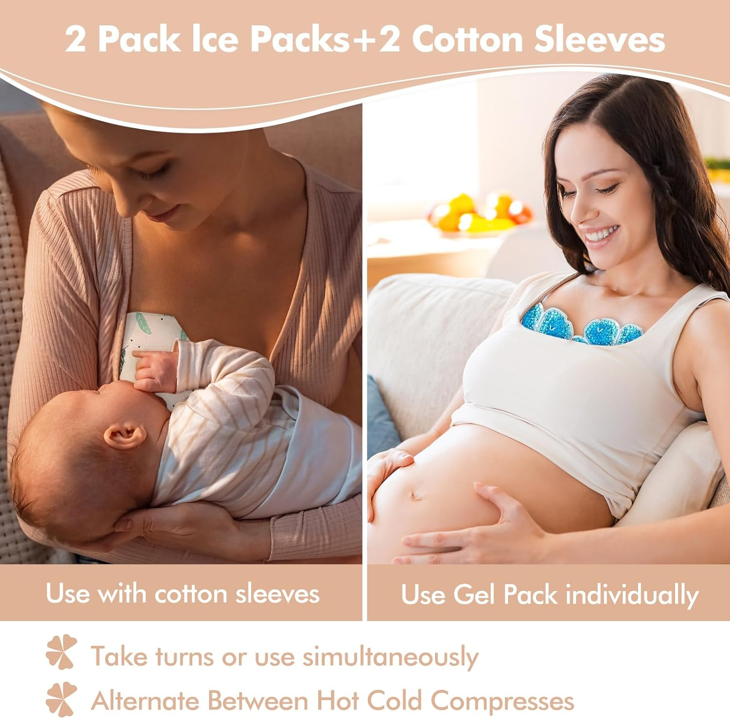 2 Breast Ice Packs for Nursing Moms, Reusable Gel Bead Breast Therapy Pads with Washable Soft Covers, Hot & Cold Breast Feeding Essentials for Engorgement, Clogged Ducts & Mastitis Relief image number 4