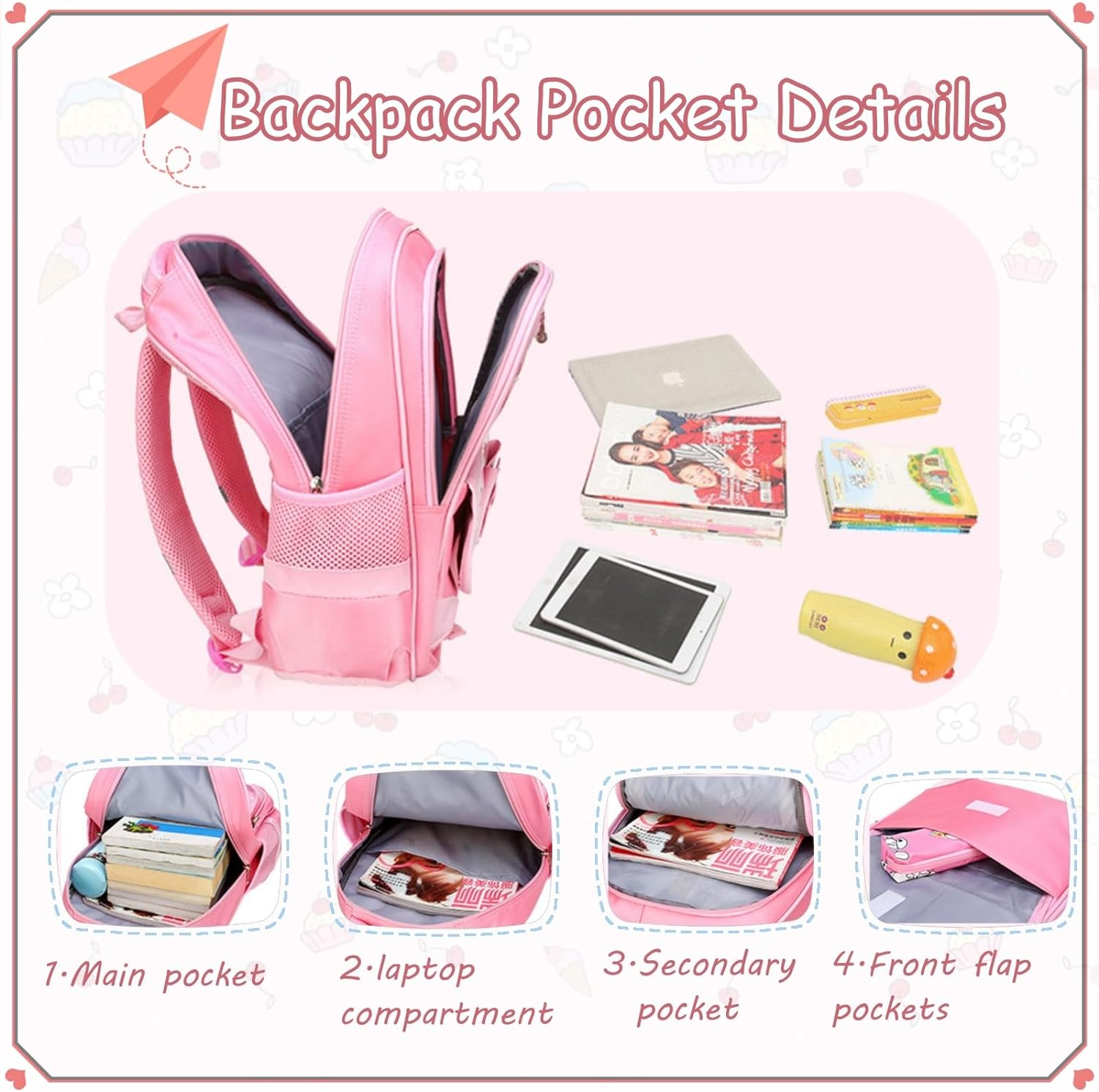 VIDOSCLA Bowknot Wave Point Prints Primary School Bookbag Rucksack Kids School Backpack Sets Student Book Bag for Students image number 6