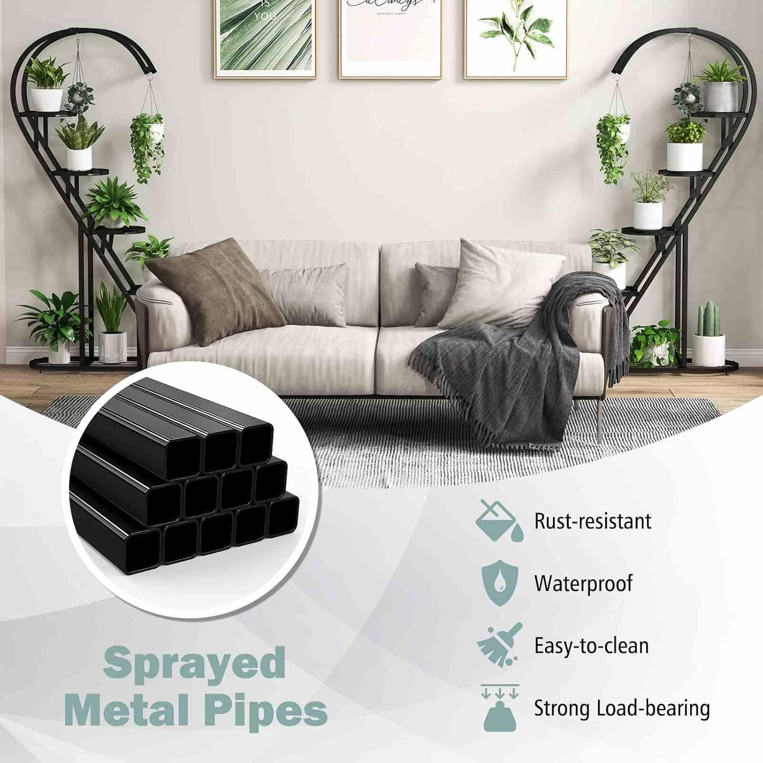 Costway 5 Tier Metal Plant Stand, Heart-Shaped Ladder Plant Shelf W/Hanging Hook for Multiple Plants, Indoor Tiered Flower Display Shelf for Living Room Bedroom Balcony (2 Pack) (Black) - Black image number 6