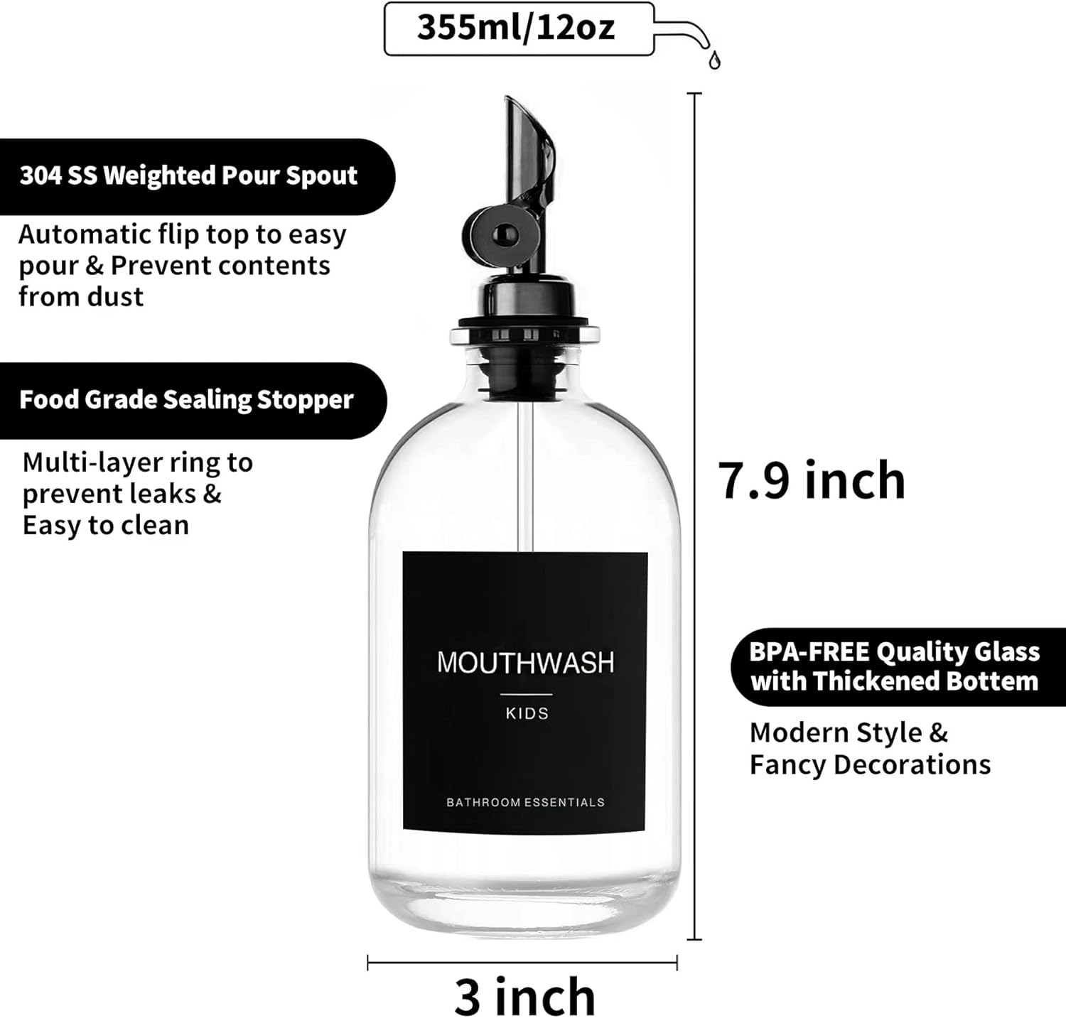 Homefeel Black Glass Mouthwash Dispenser with Cups, 12.7 Oz, 2 Pack - Clear Mouthwash Bottle with 304 Stainless Steel Spout & Minimalist Labels, Style Mouthwash Container for Bathroom image number 3