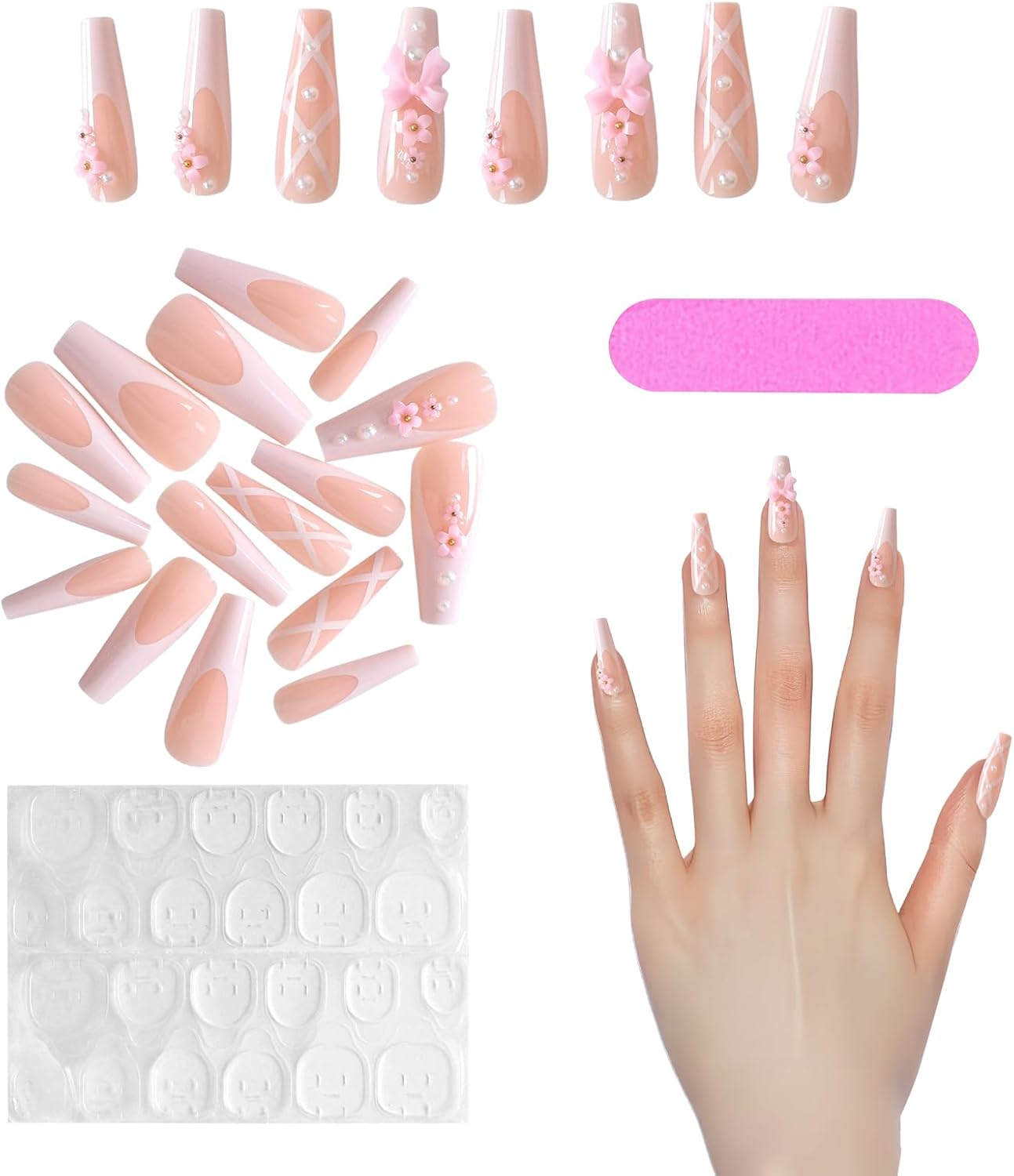 Pack of 24 Press on Nails, Artificial Nails with Adhesive Pads and Nail Files Buffers, Square Fingernails, Pink Nails for Sticking, Nails Ballet, for Women and Girls Nail Art image number 2